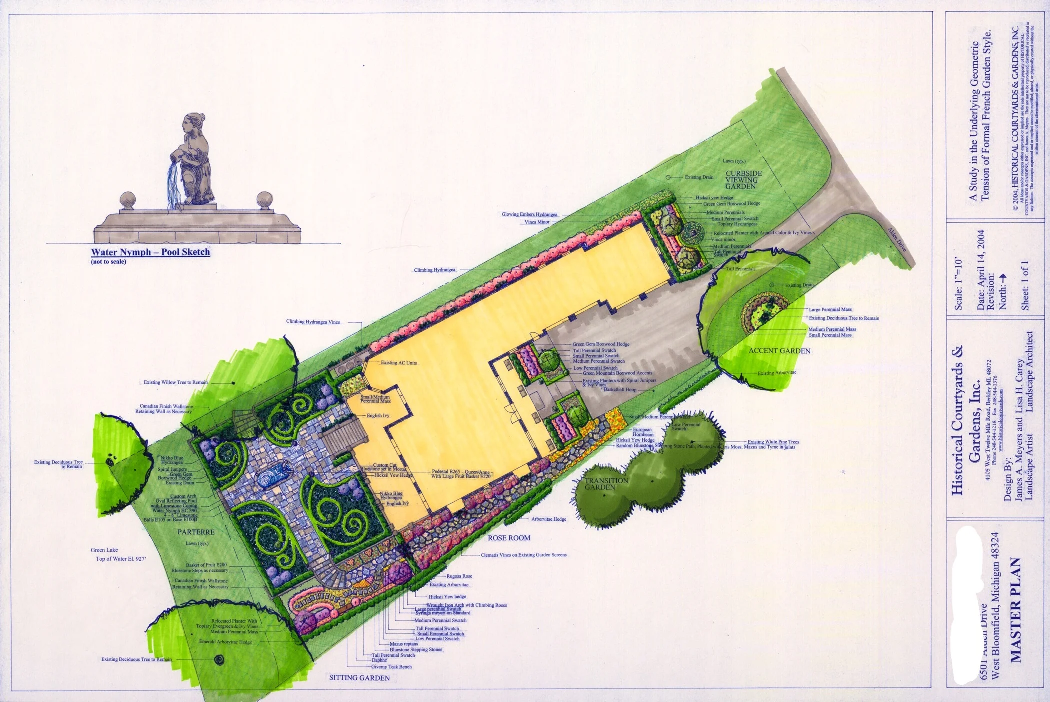 Master plan in West Bloomfield, MI: French formal design with boxwood hedges, rose rooms, a sunken nymph garden, and raised limestone pool parterres.