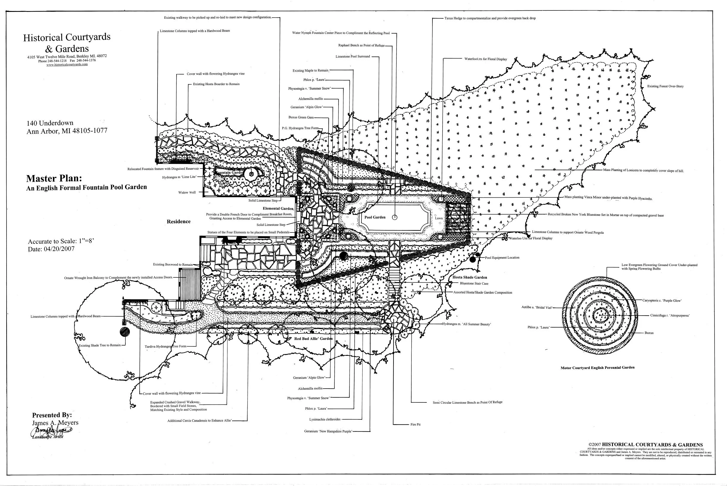 In Ann Arbor, this blufftop garden features a pool hidden by yew hedges, centered by a limestone fountain and aligned with a classic Raphael bench.