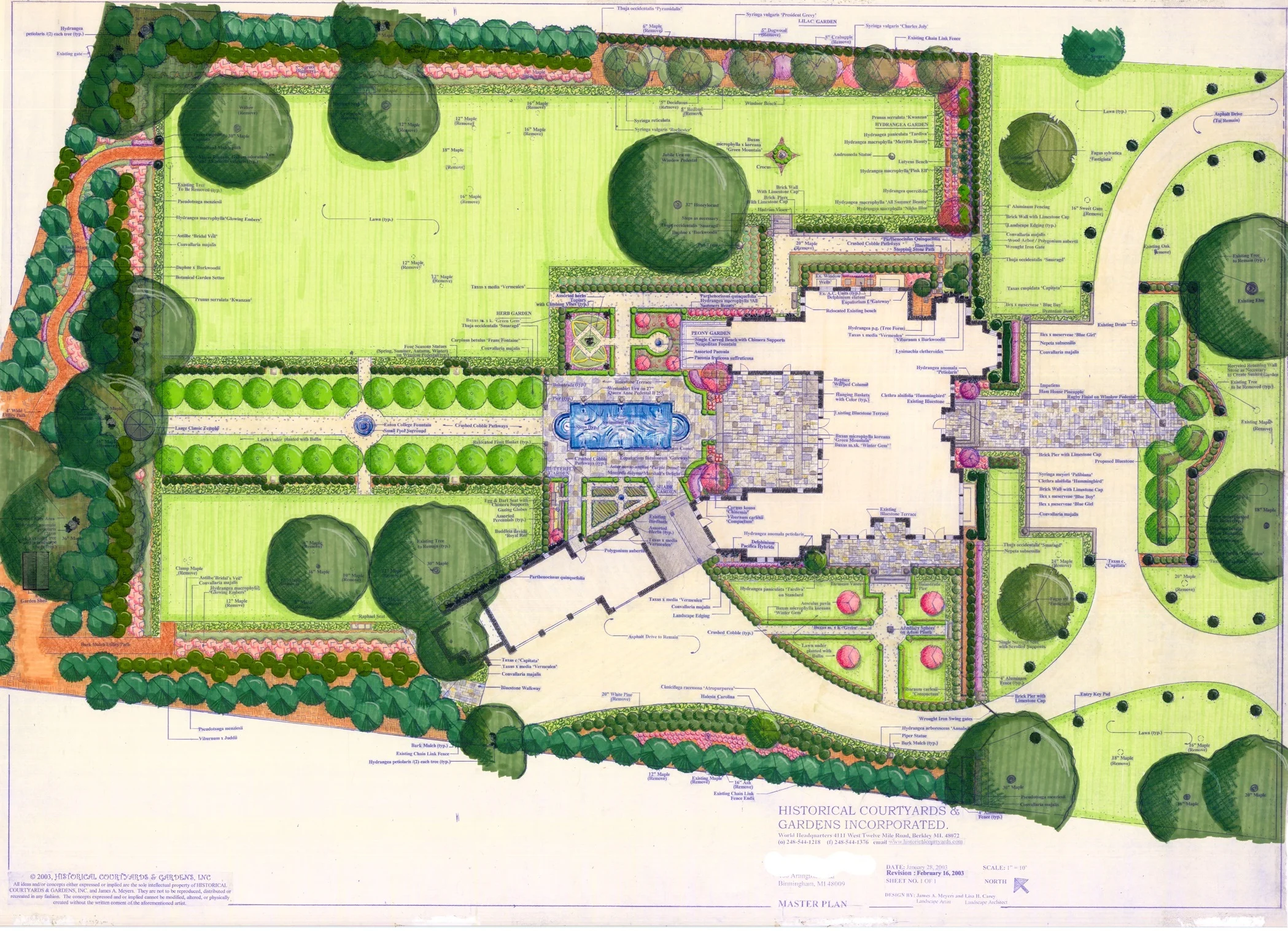 Master plan in Birmingham, MI: motor-court, hornbeam hedges, limestone steps, and statues. Features a fountain pool, temple, herb garden, and terrace.
