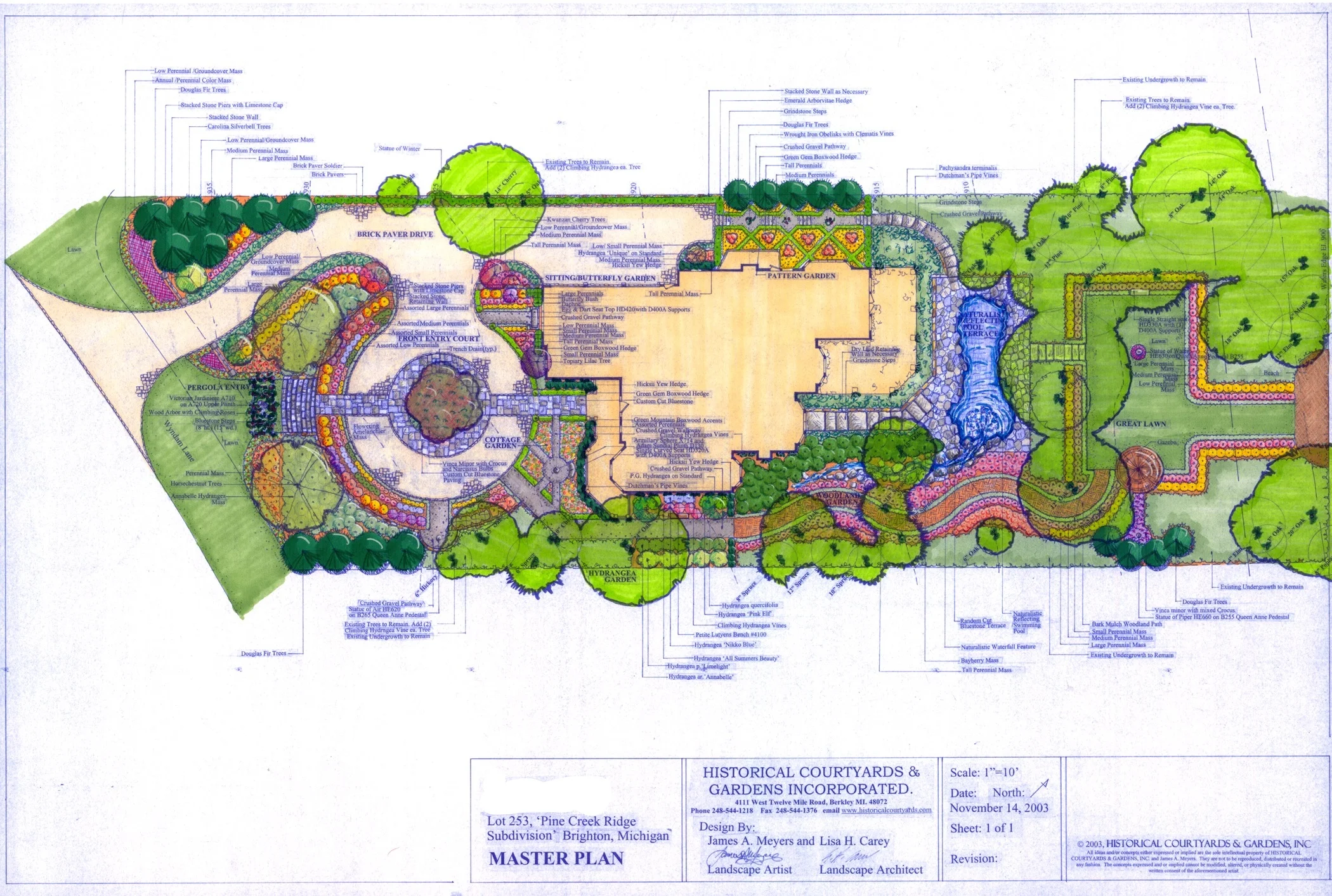 Master plan in Brighton, MI: brick drive, courtyard pergola, bluestone paths, and a limestone bench. Features a lakefront lawn, waterfall, and gardens.