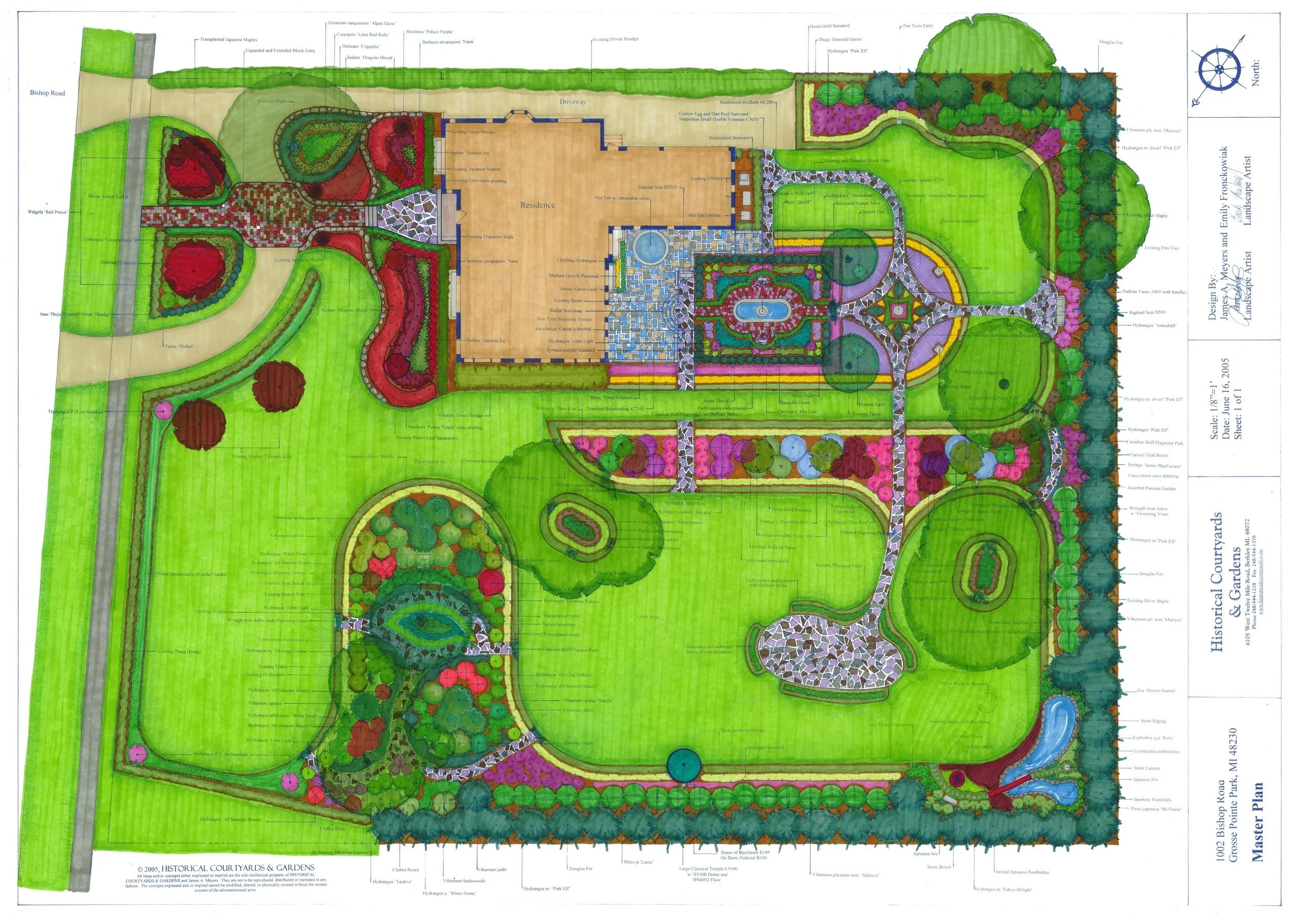 Garden design featuring a bluestone terrace, limestone balustrades, spa, and fountain. Includes garden rooms, koi ponds, waterfalls, and a rose patio.