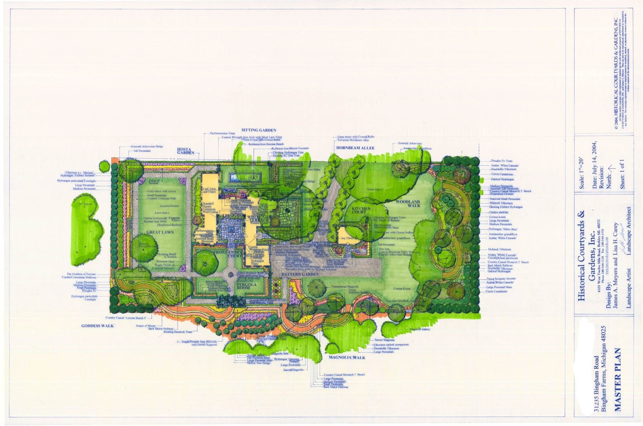 Master plan in Bingham Farms, MI: hornbeam allie, bluestone kitchen court, woodland walks, and a pergola. Features limestone fountains and a pool.