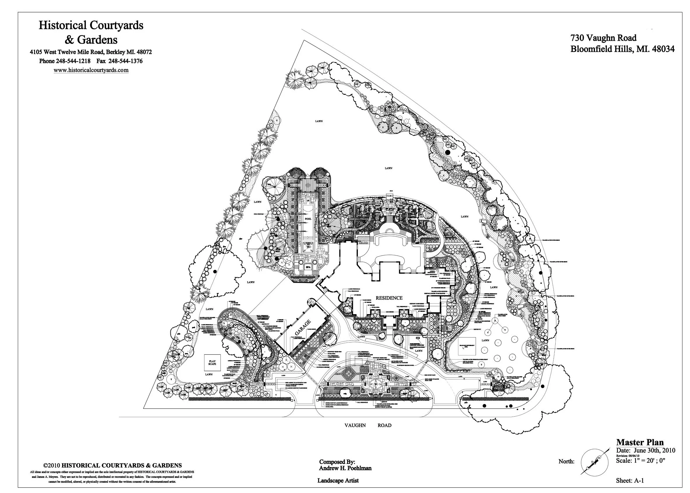 Formal European Estate landscape Master Plan with Naturalized Privacy Surround, formal Swimming Pool, Gated Entry and numerous garden rooms.