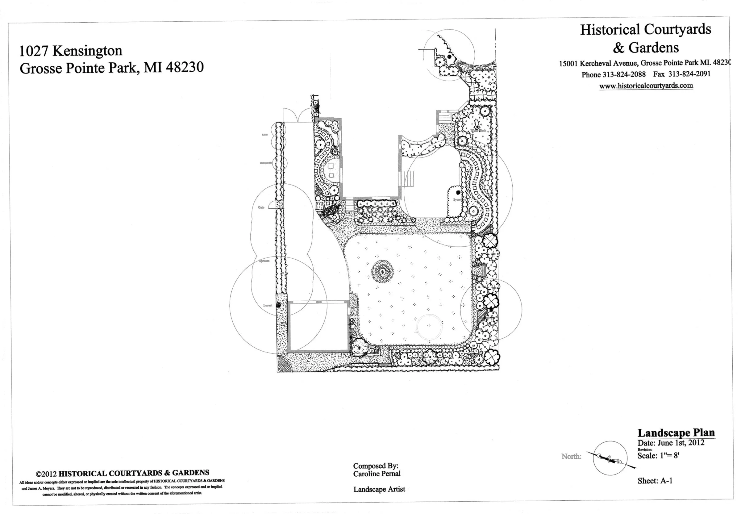 Grosse Pointe Park, Michigan garden with bluestone paths, modern cement patio, gravel walks, evergreen hedges, and boxwood garden surround.