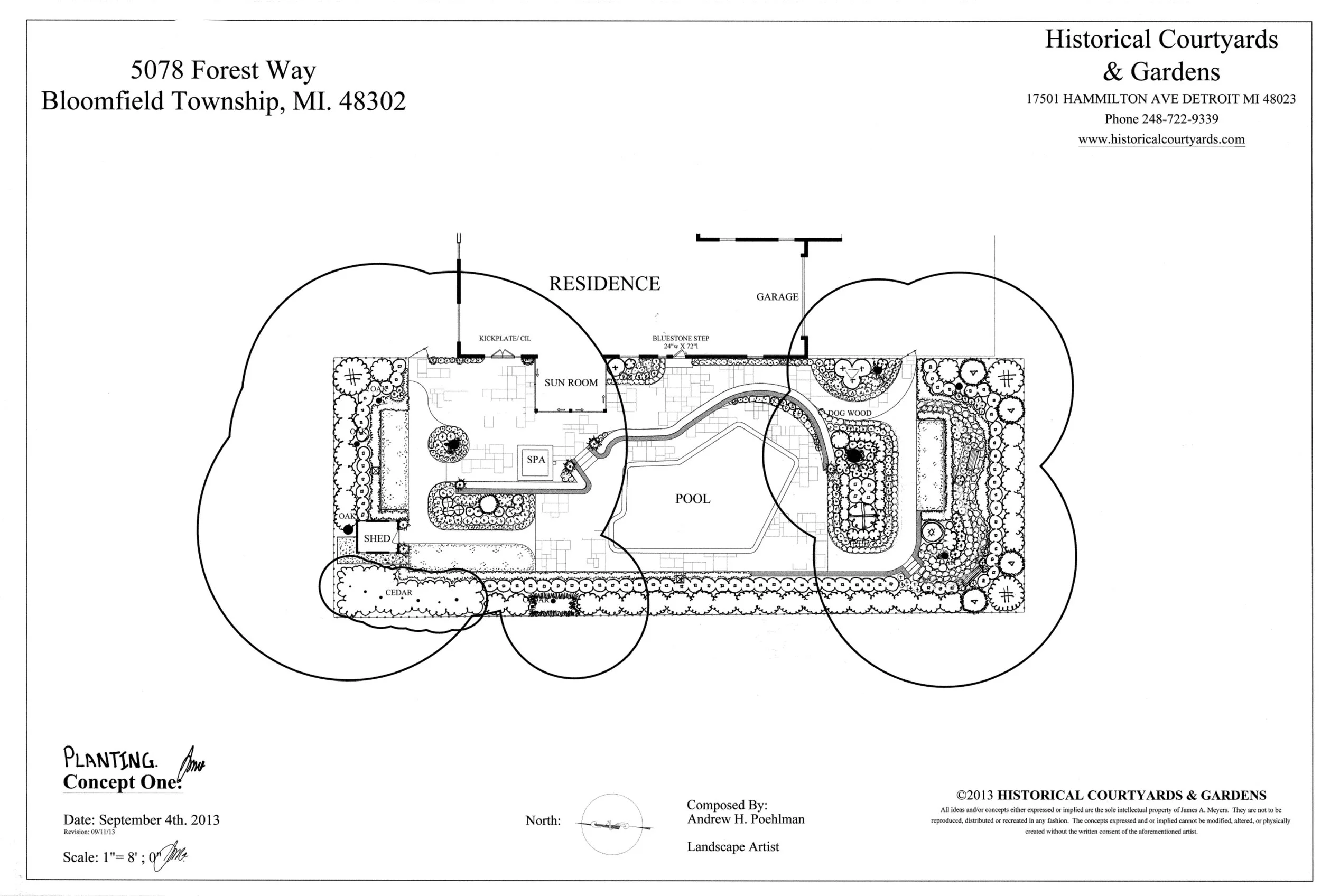 Bloomfield Township, Bluestone Terrace, lower bluestone  Pool surround Swimming pool flowering boarder Lawn panels, Boxwood hedges and staircase down to secrete garden.