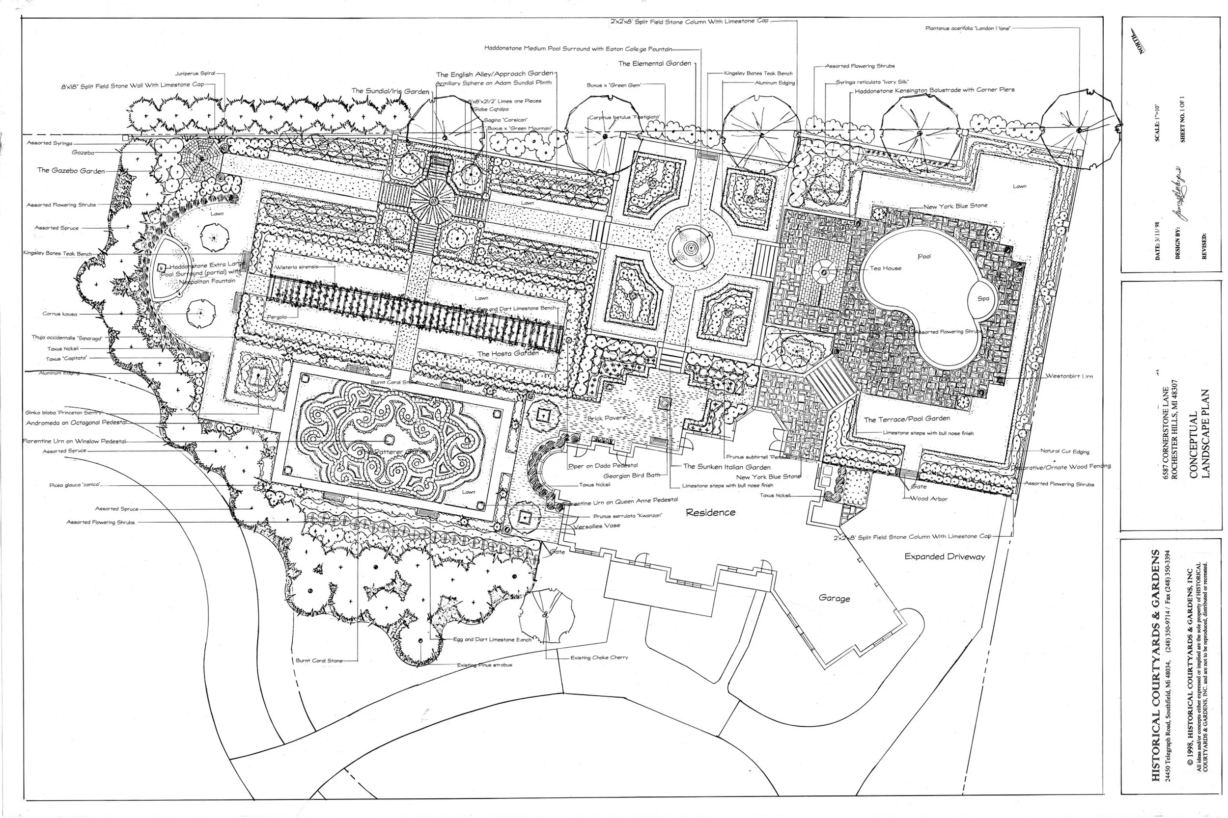 This French parterre estate features a tea house, Neapolitan fountain, and elemental gardens accented by Haddonstone urns and an armillary sphere.