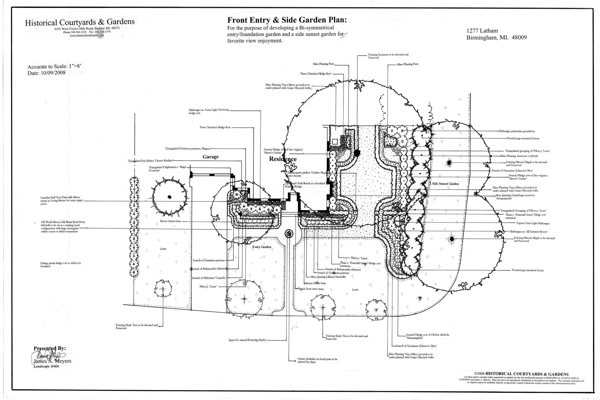 Front garden and side patio in Birmingham Michigan with brick walkways and sunset garden.