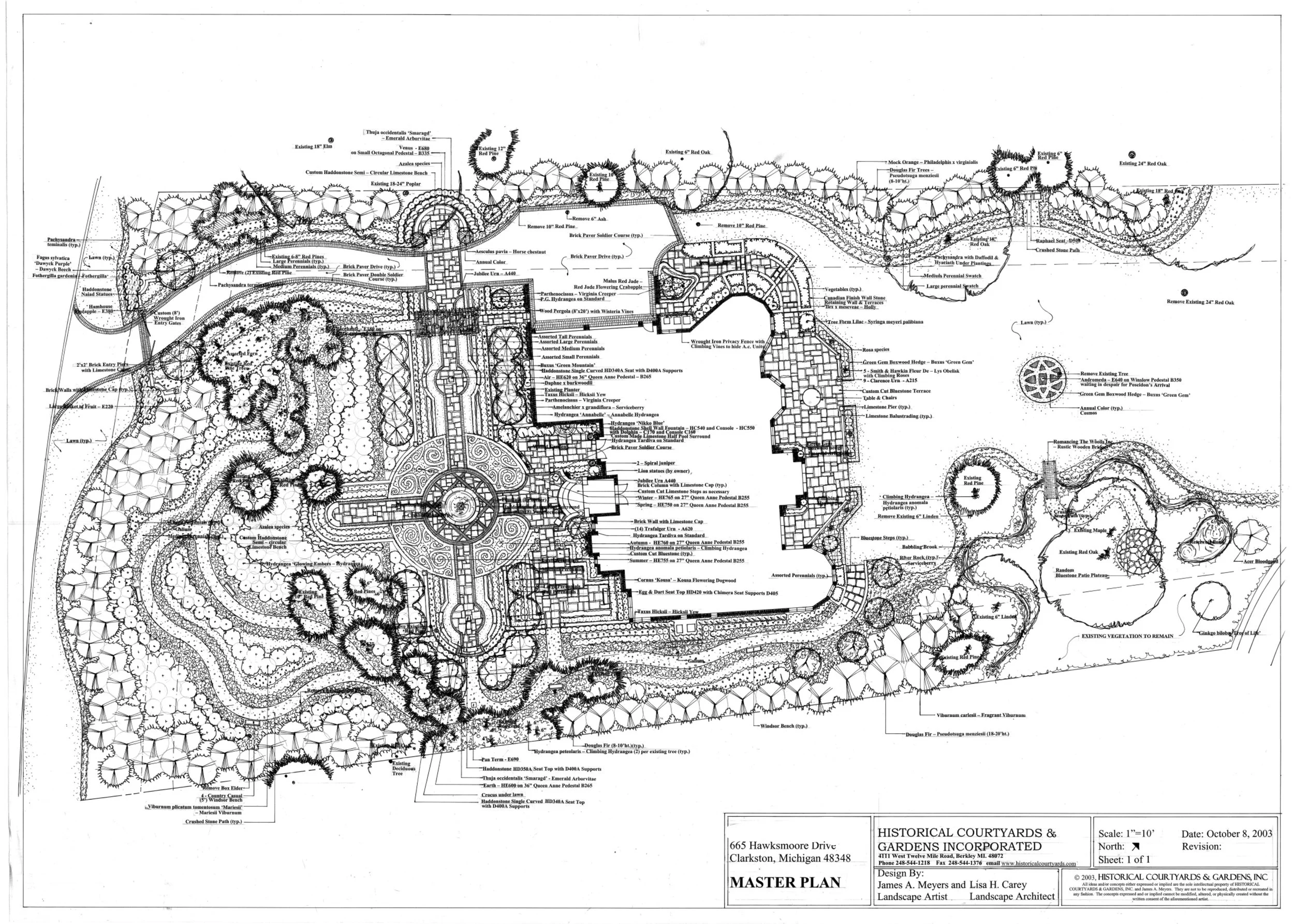 Formal Master Plan in Clarkston Michigan with bluestone paths, terrace, and evergreen privacy screen.