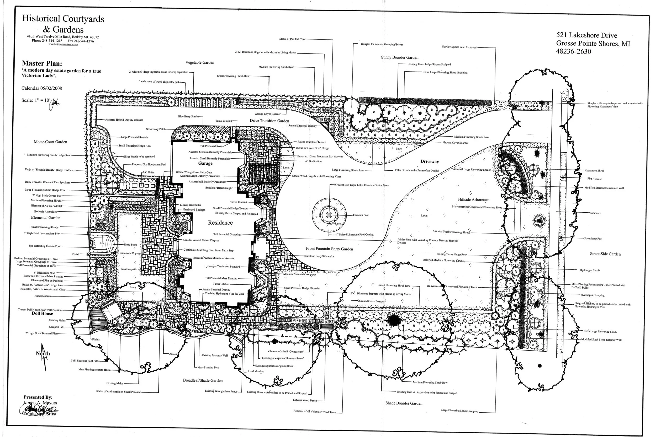 Formal garden with blue stone, fountain, arboretum, reflecting pool, spa, doll house, and flowering surrounds.