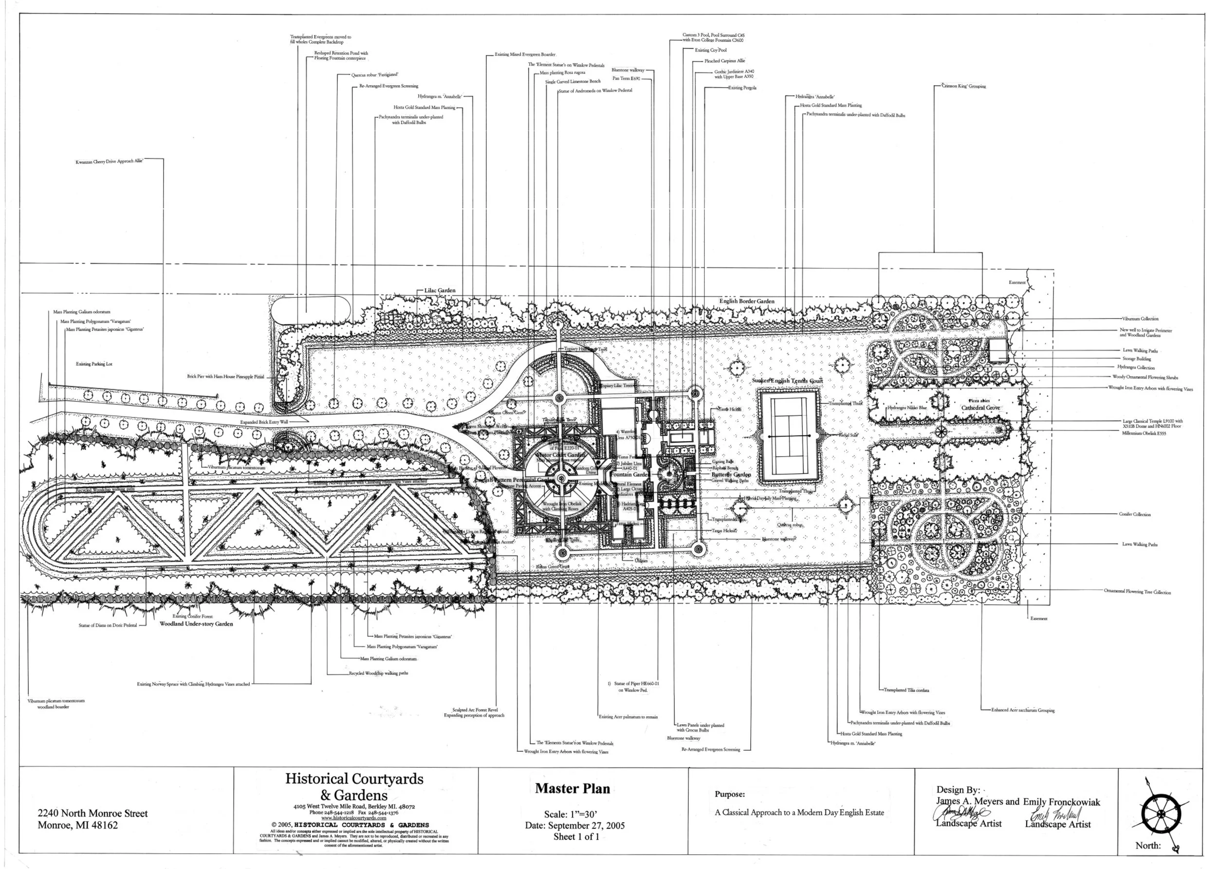 This formal estate features a cherry tree allie, a motor-court, and a cathedral grove of conifers leading to a temple, all squared to the residence.