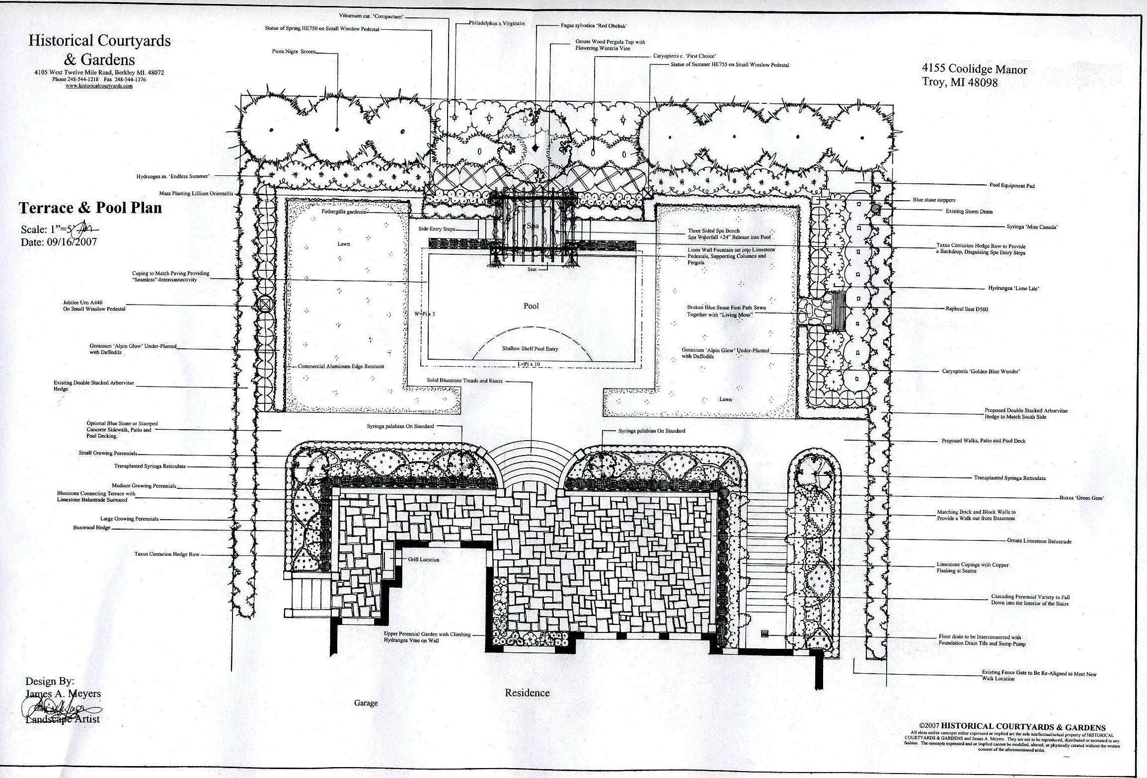 In Troy, this plan features a bluestone terrace with limestone balustrades, a pergola spa, and axial garden borders framed by evergreen backdrops.