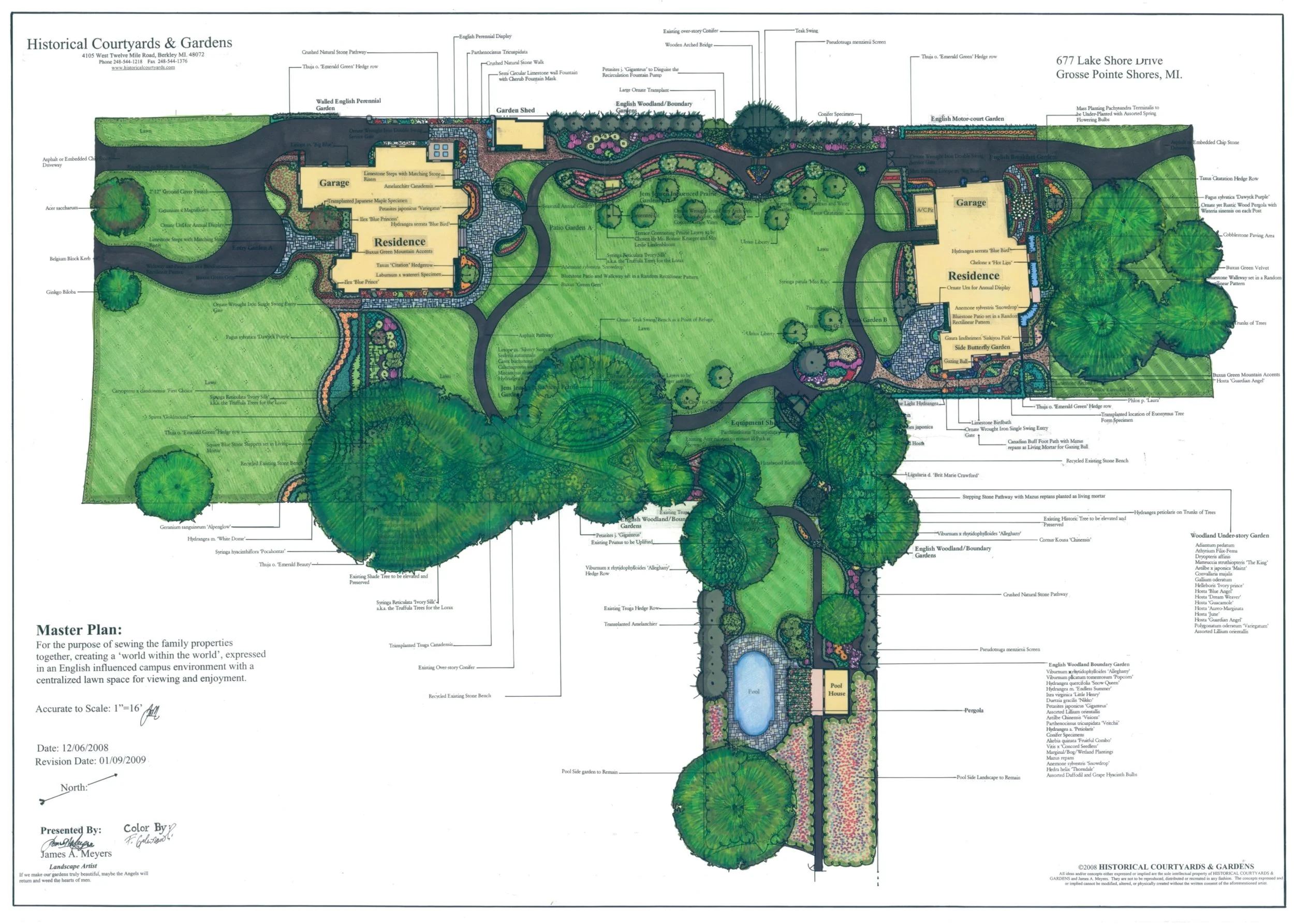 Master plan in Grosse Pointe Shores: asphalt trails, evergreen screening, bluestone patios, pool house, pergola, and English woodland boundary gardens.