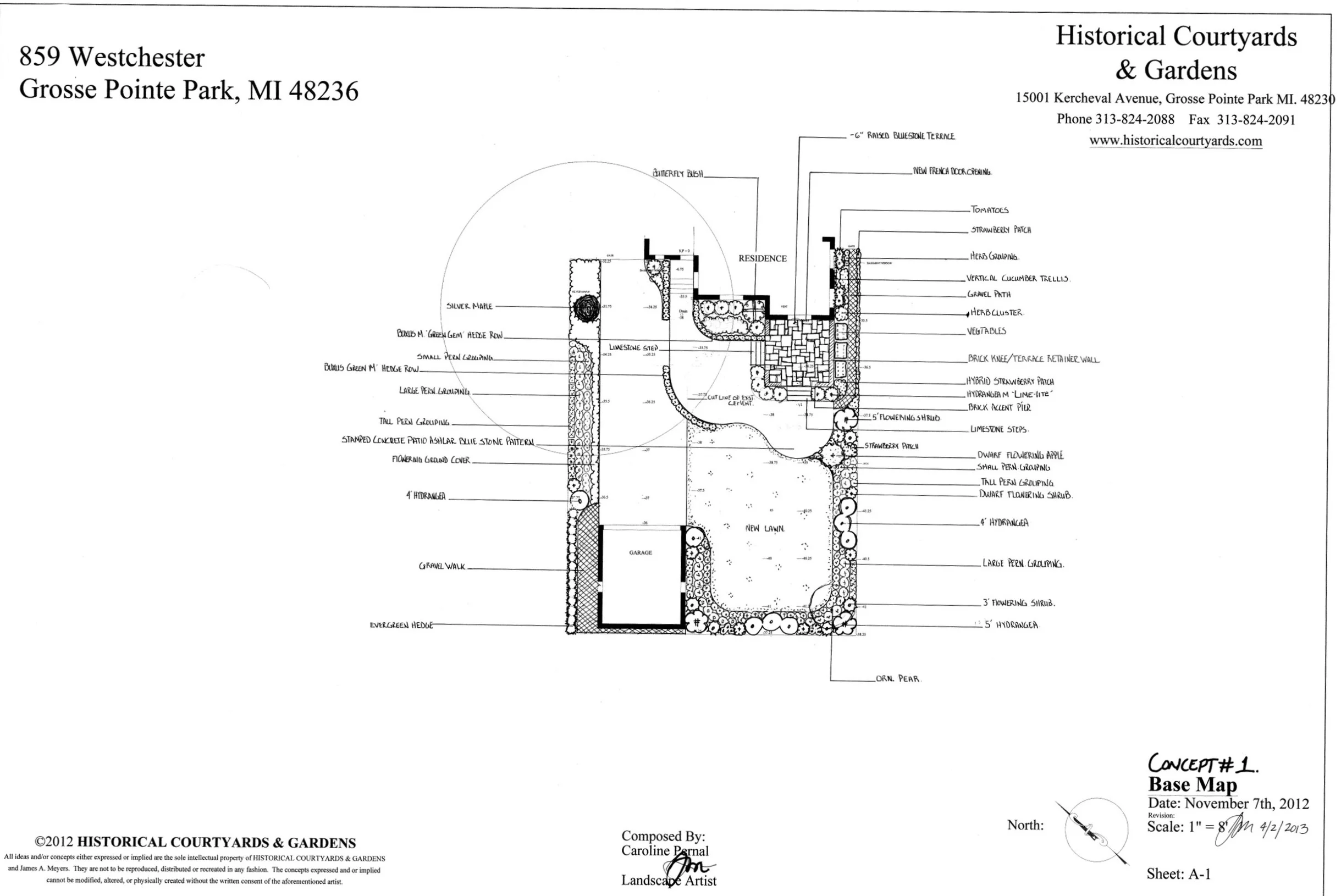 Garden design featuring a bluestone terrace, limestone steps, a vegetable garden area, and flowering borders. Clean layout for elegant outdoor living.