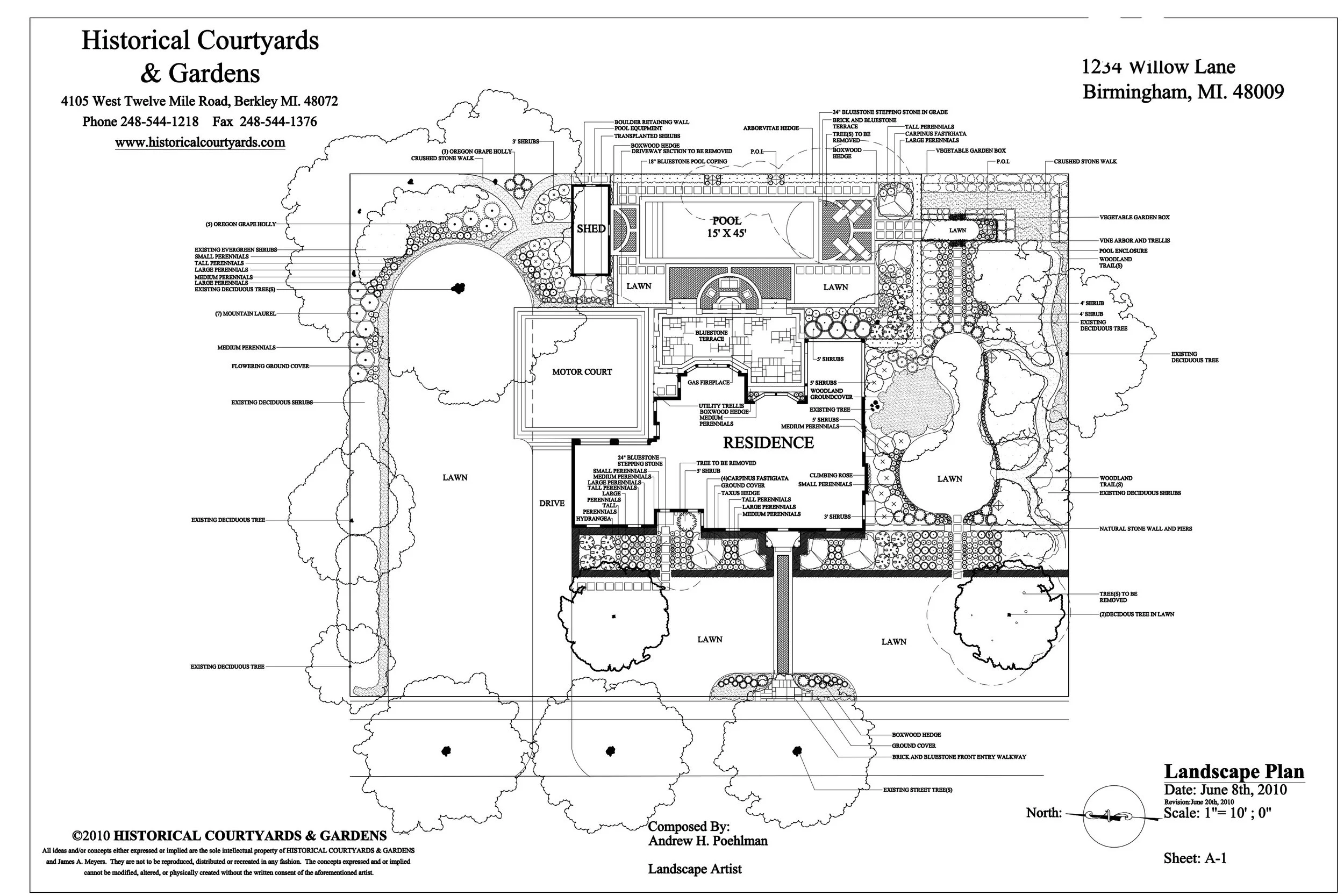 Formal garden plan: brick entry, bluestone paths, lagoon trails, and vegetable boxes. Features a pool with yew hedges, limestone balustrades, and patios.