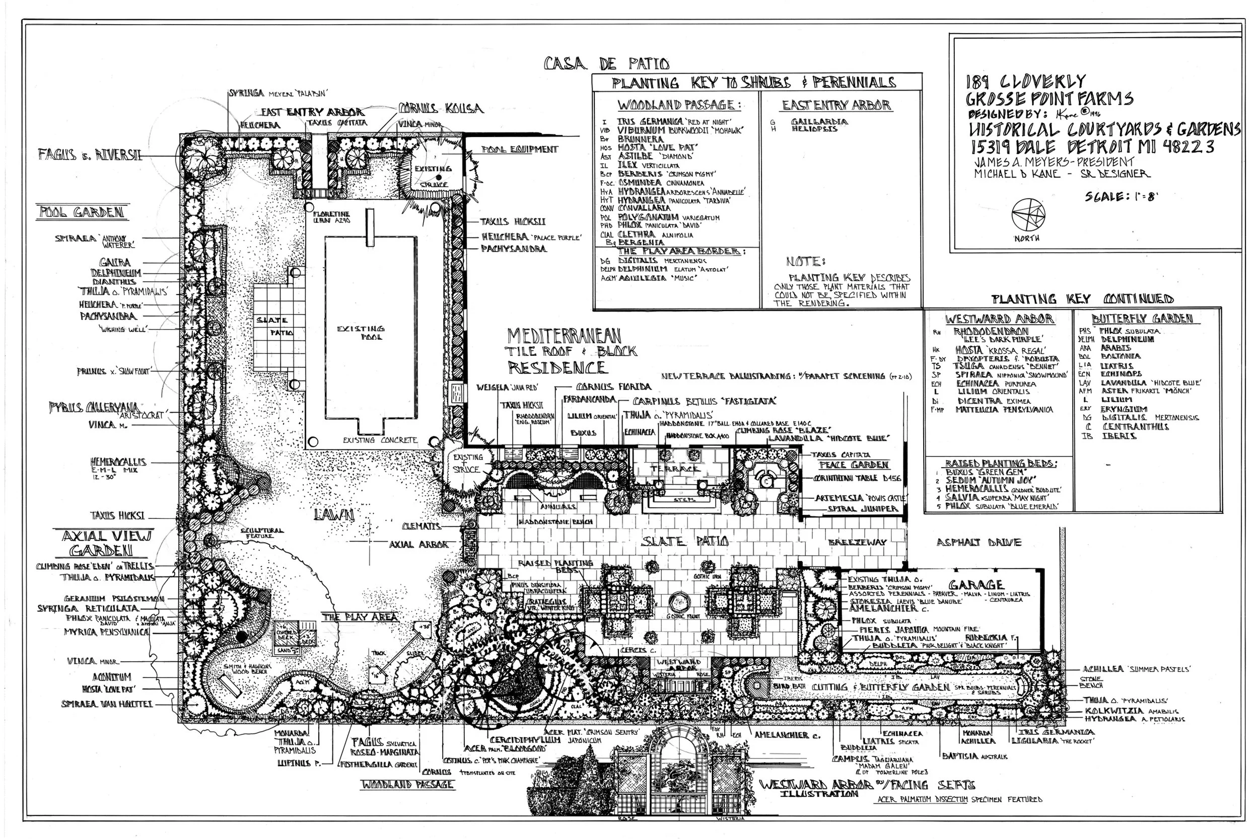 Historic Mediterranean plan: ornate arbor, cutting and butterfly gardens, slate patios, raised beds, flagstone paths, and a private children’s play area.