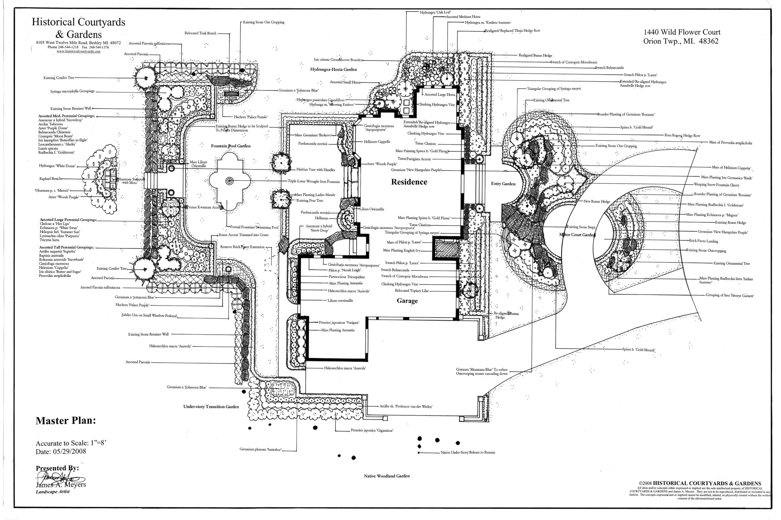 Master plan: motor court with stone steppers, symmetrical entry, boxwood hedges, concrete terrace, fountain pool, and colorful perennial shrub gardens.
