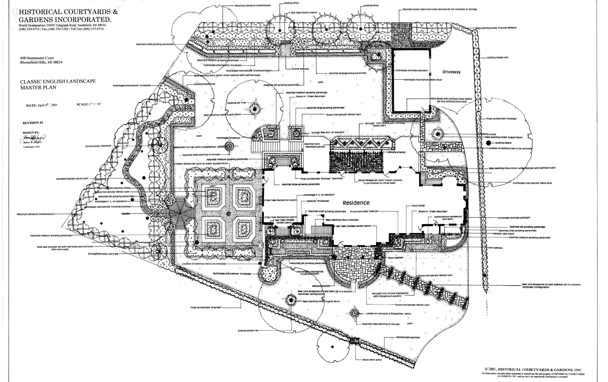 Historical restoration in Bloomfield Hills: angled bluestone walks, gravel paths, sundial garden, gazebo, woodland trails, and a raised pattern terrace.