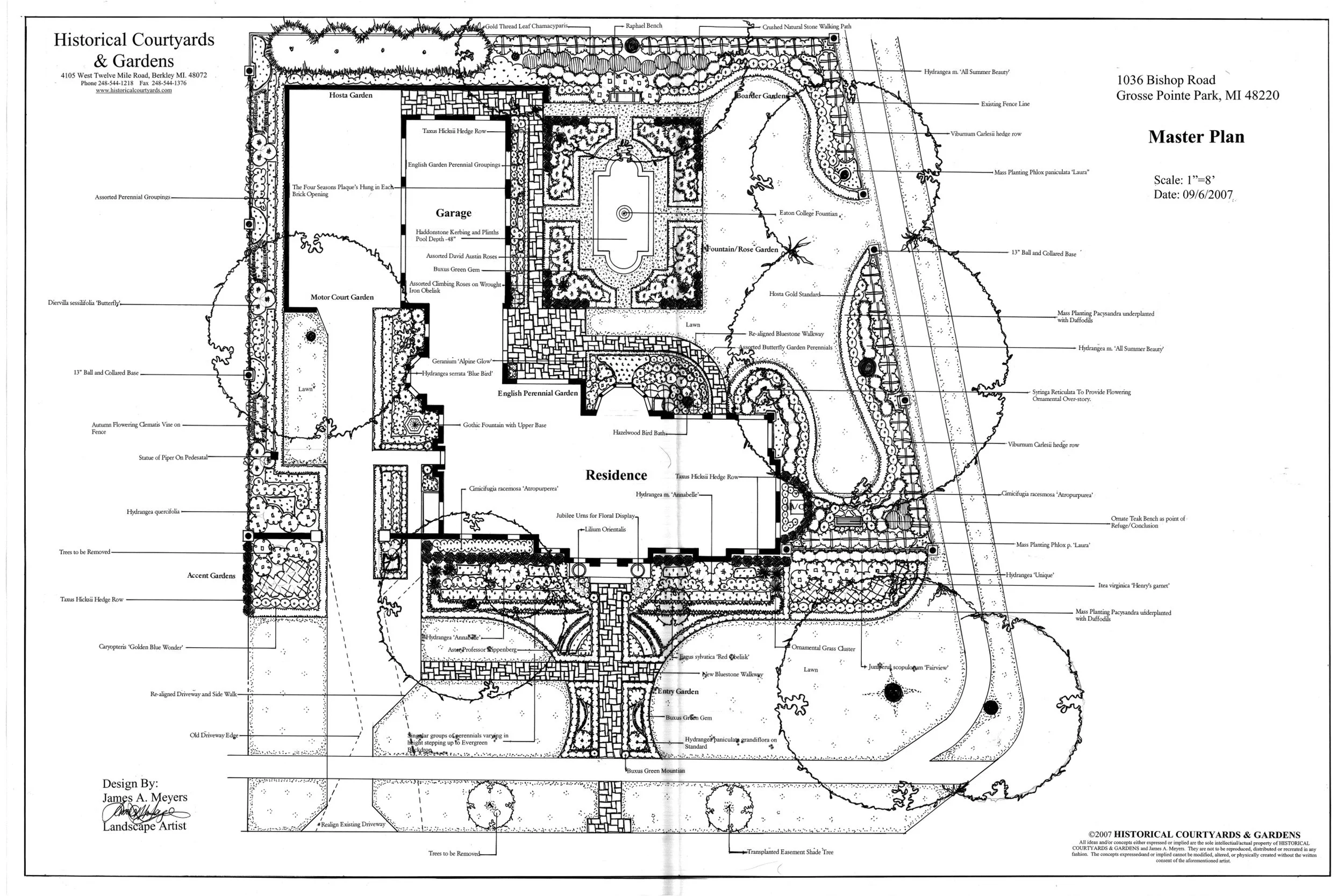 Historic Grosse Pointe Park restoration: formal entry, bluestone paths, boxwood hedges, fountain pool with limestone, rose gardens, and a rear patio.