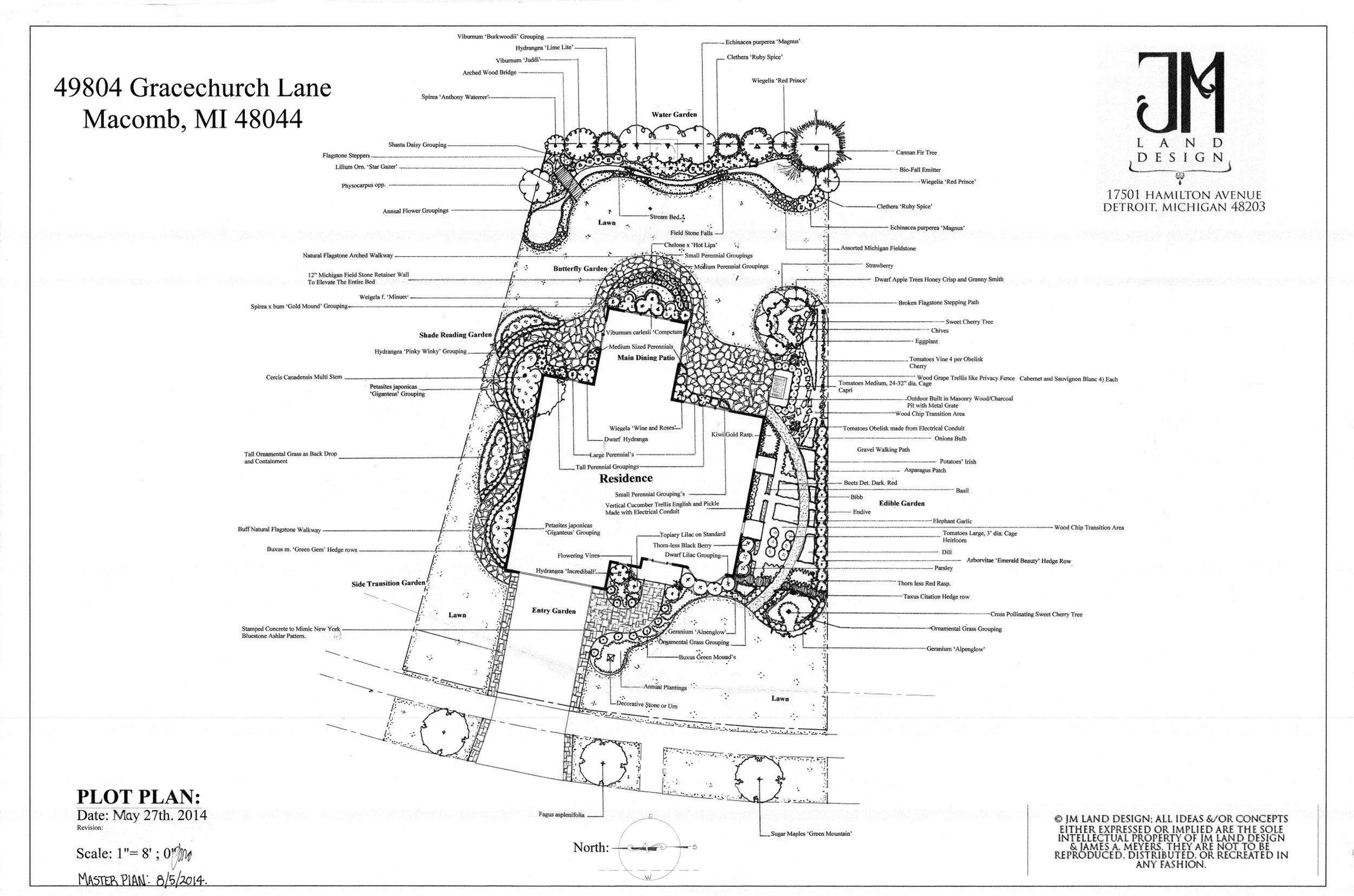Landscape design in Macomb, MI: stamped concrete, shade garden, outdoor kitchen, edible garden, and a lagoon with waterfalls and an arched bridge.