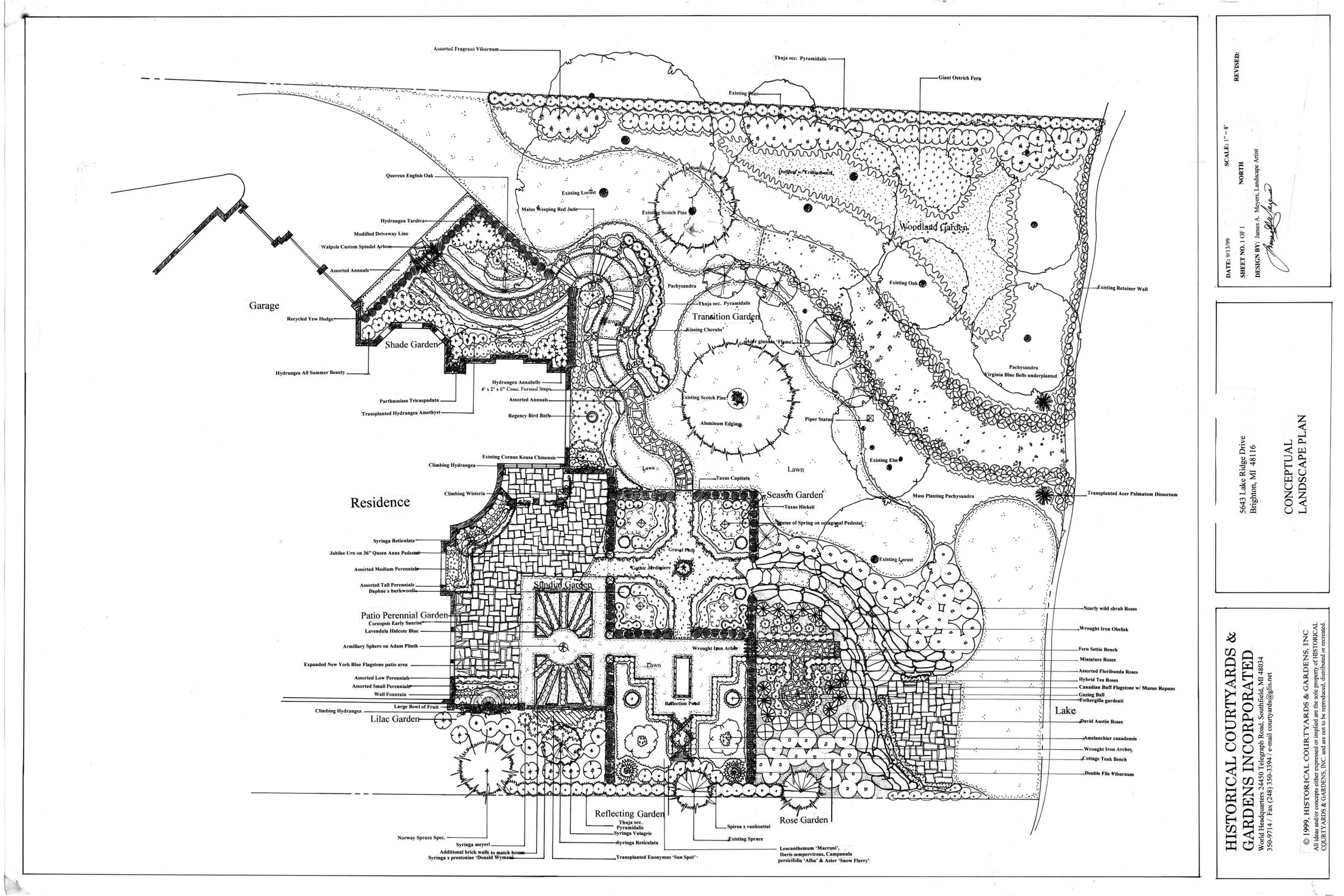Garden design in Brighton, MI: bluestone terrace, limestone steps, sundial garden, and reflecting pool. Features a lakefront patio and rose gardens.