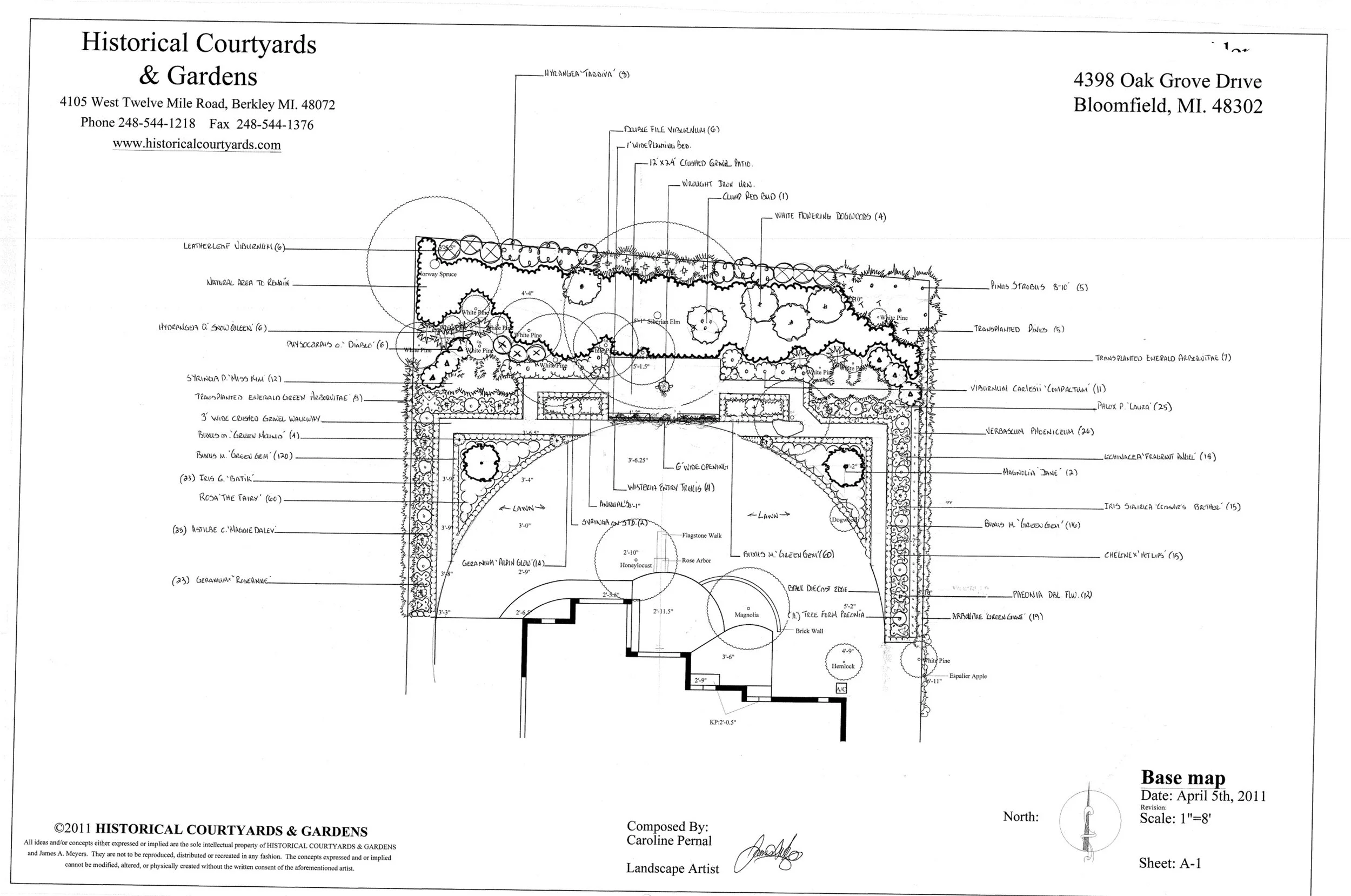 Garden design in Bloomfield, MI: semicircular lawn, crushed gravel walks, evergreen backdrops, boxwood hedges, and a perennial pattern garden.