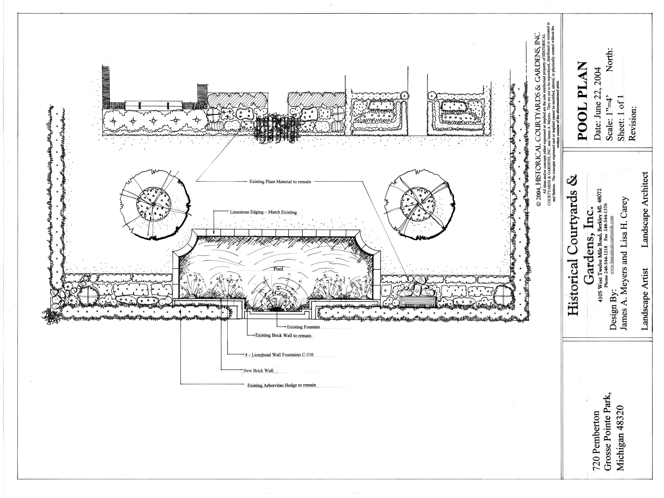 Wall fountain and pool design in Grosse Pointe Park: limestone coping, symmetrical layout, sitting bench, and flowering arbors with evergreen privacy.