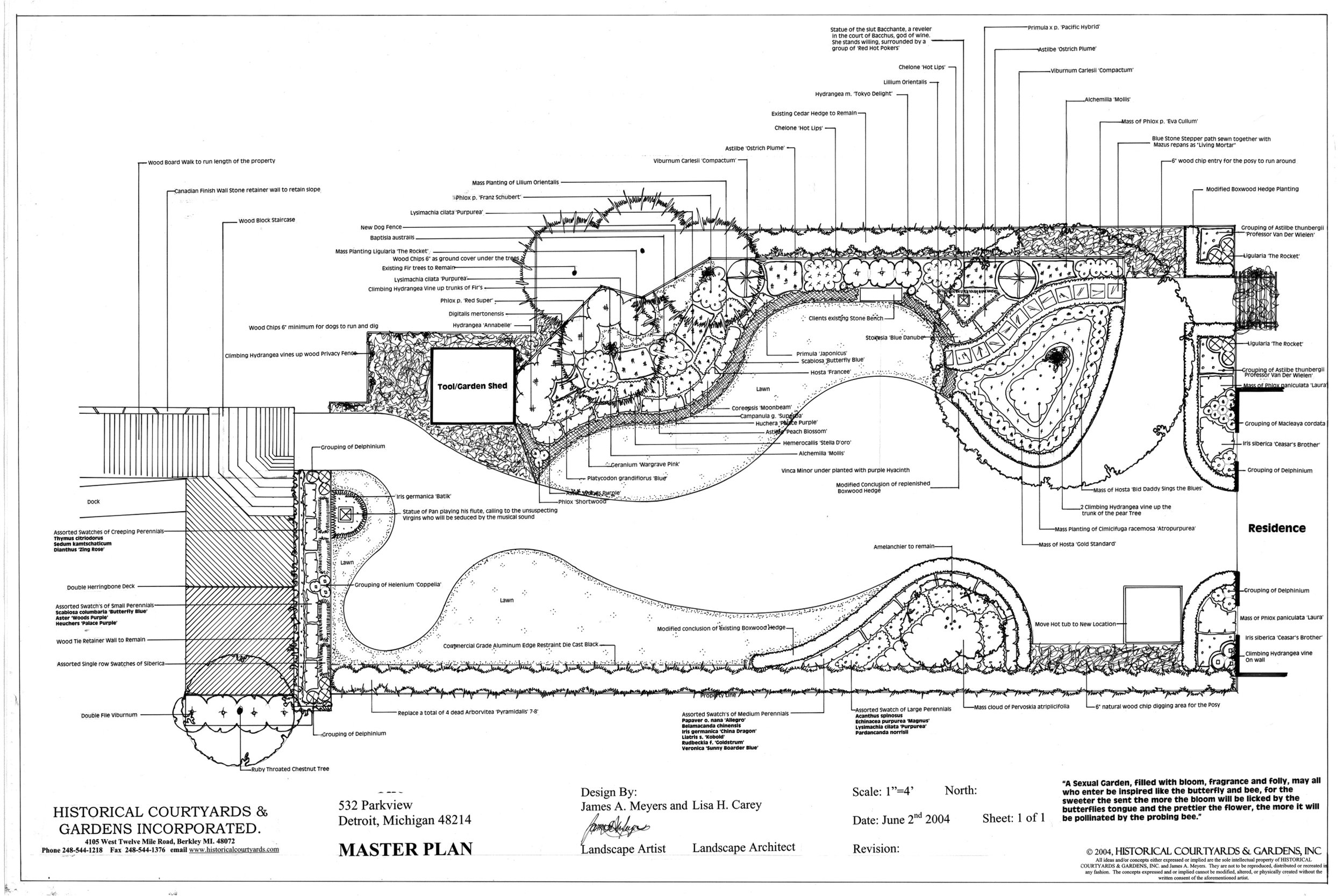 Historic boat house garden (1898) in Detroit: brick patio with a silhouette design, flagstone steps, privacy screens, hot tub, and canal-side gardens.