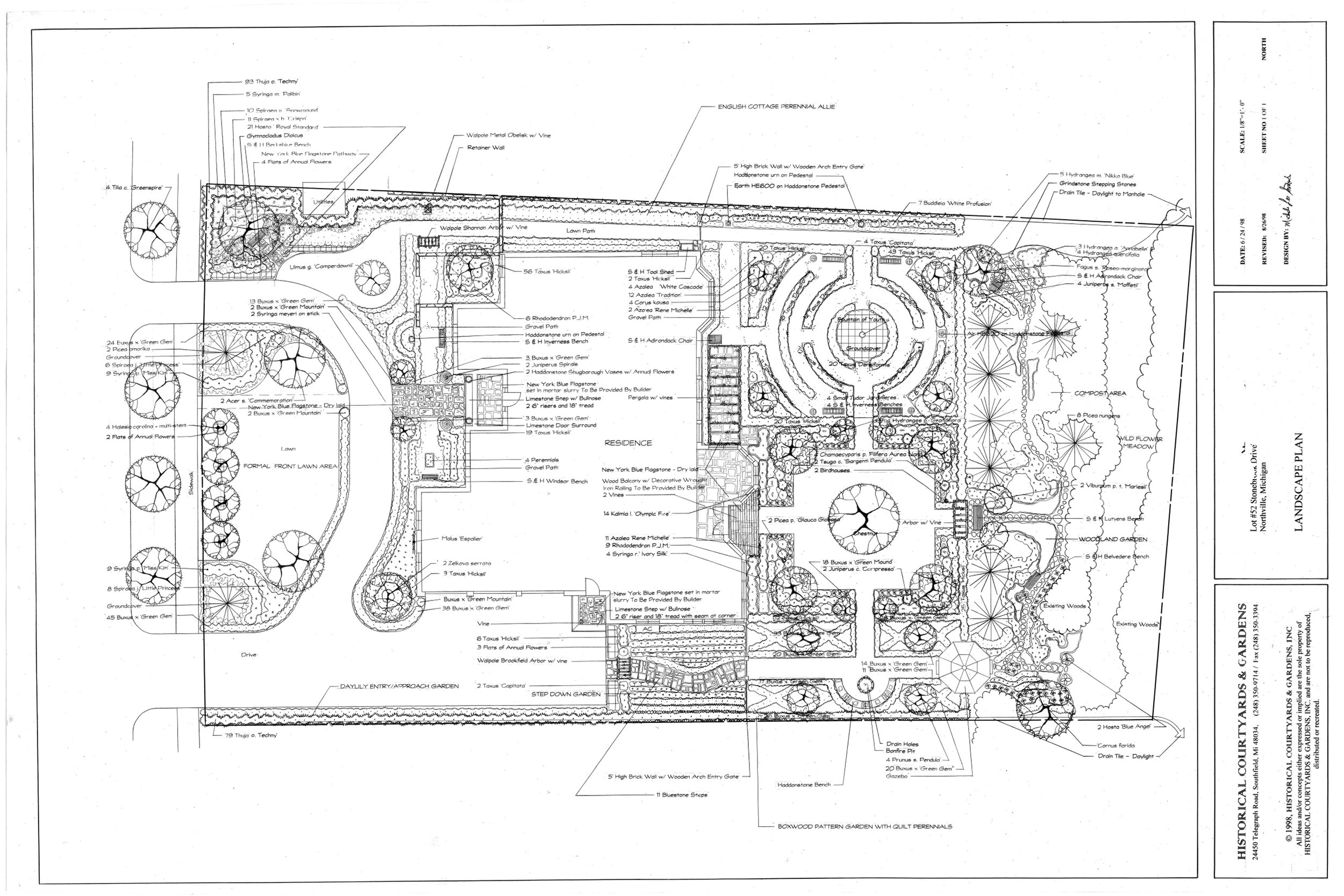 Master plan in Northville, MI: bluestone entry, boxwood accents, limestone firepit, custom gazebo, maze garden, raised terrace, and woodland trails.