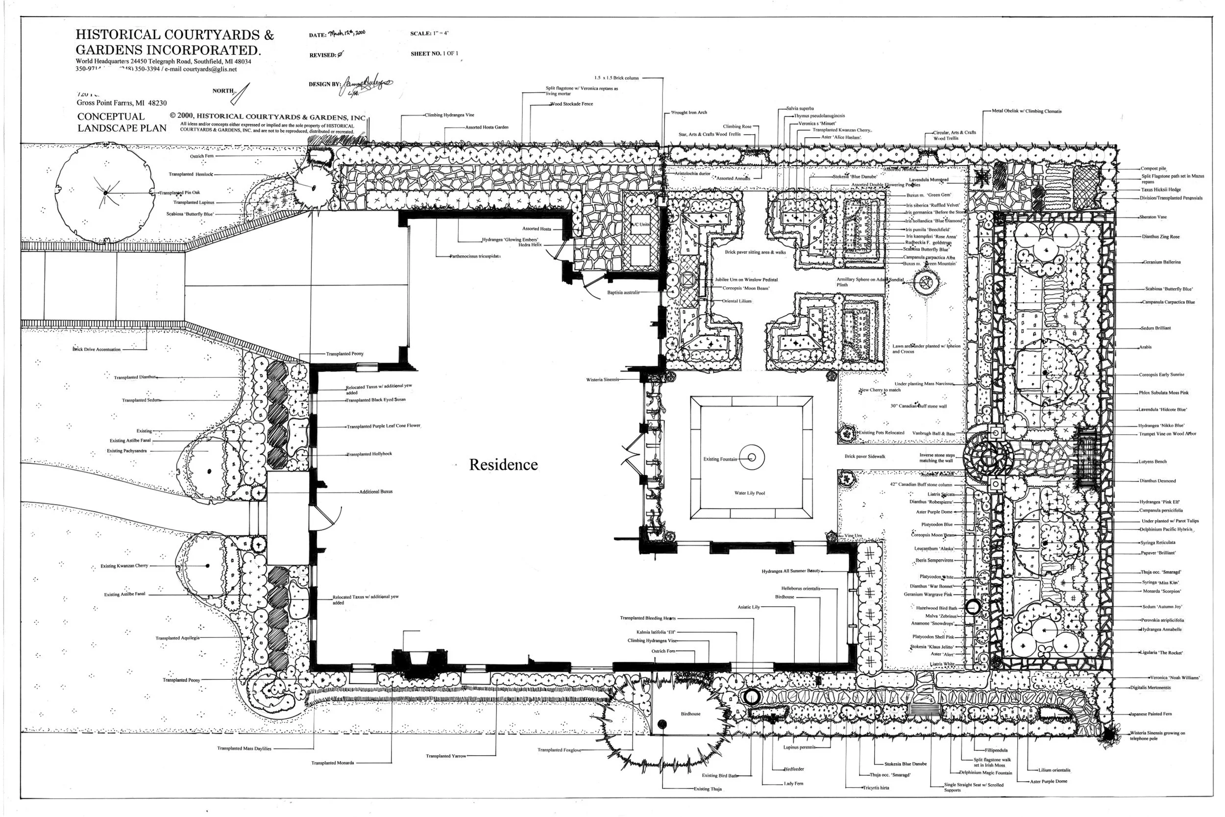 Master plan in Grosse Pointe Park: bluestone walks, evergreen screens, New Orleans fountain with koi pond, clay brick pool patio, and perennial gardens.