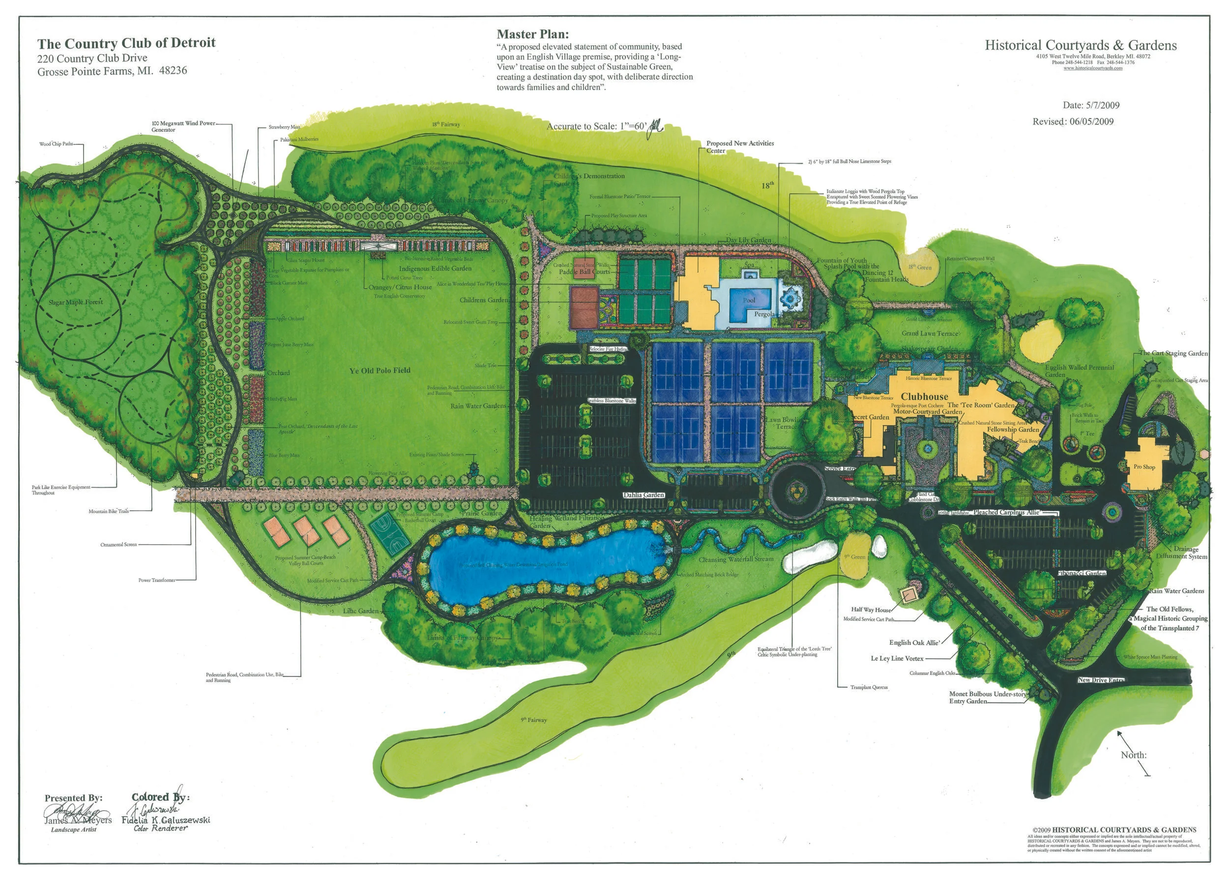 Master plan in Grosse Pointe Farms: asphalt trails, oak alliee, bluestone terraces, and golf staging. Features a pond, sports courts, and food gardens.