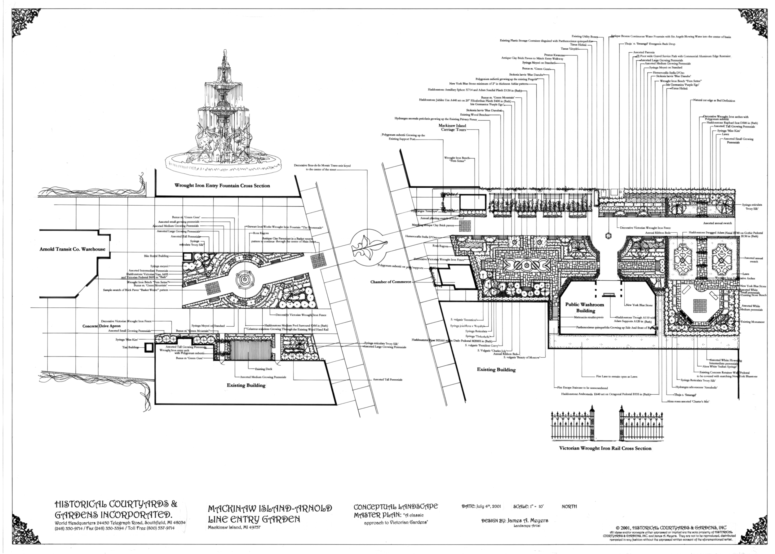 Mackinac Island entry garden: period gardens with wrought iron fencing, a fountain, historic clay pavers, lilac garden, bluestone paths, and taxus hedges.