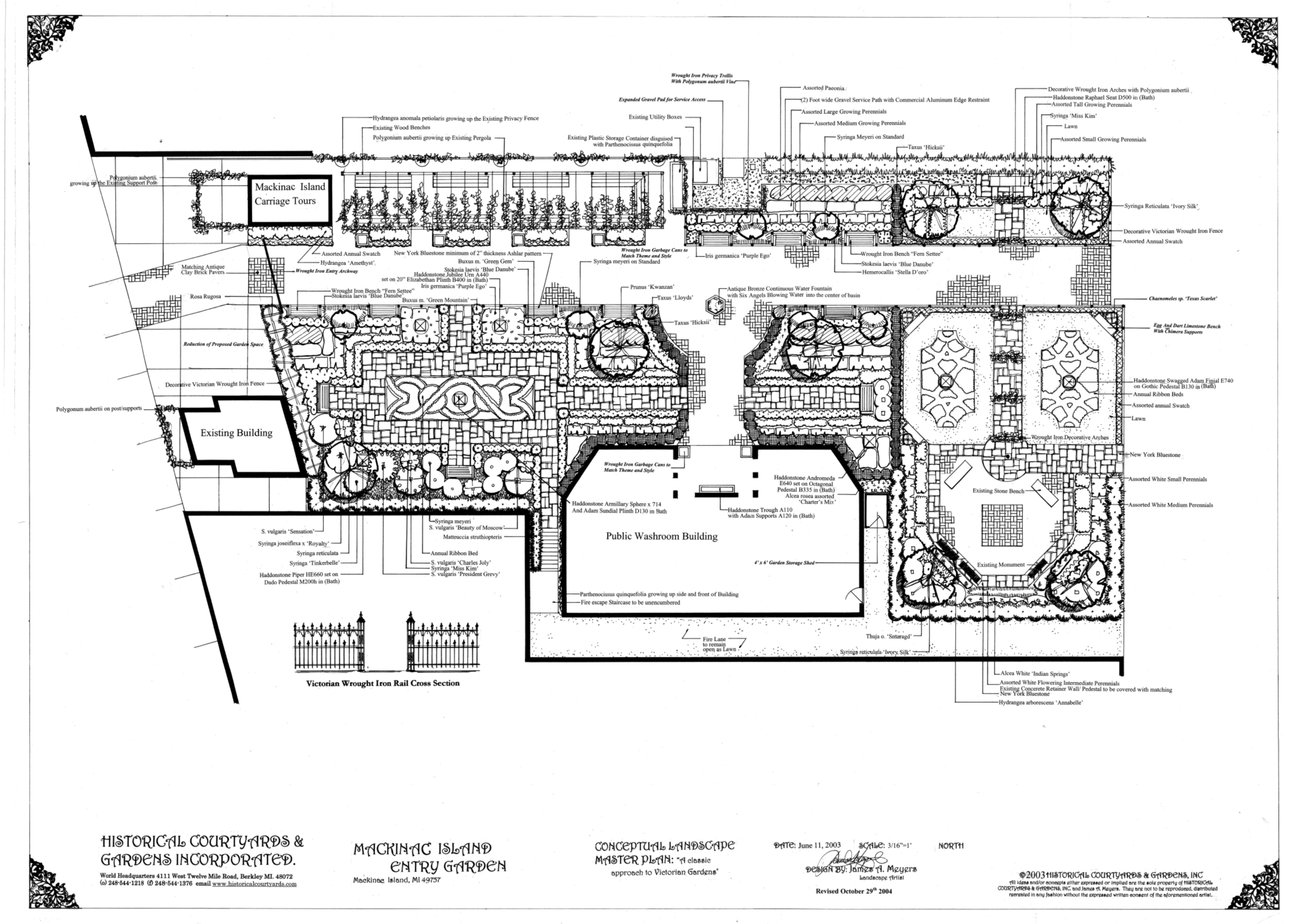 Mackinac Island public gardens: historic clay pavers, bluestone paths, lilac gardens, and an armillary sphere. Features yew hedges and wrought iron.