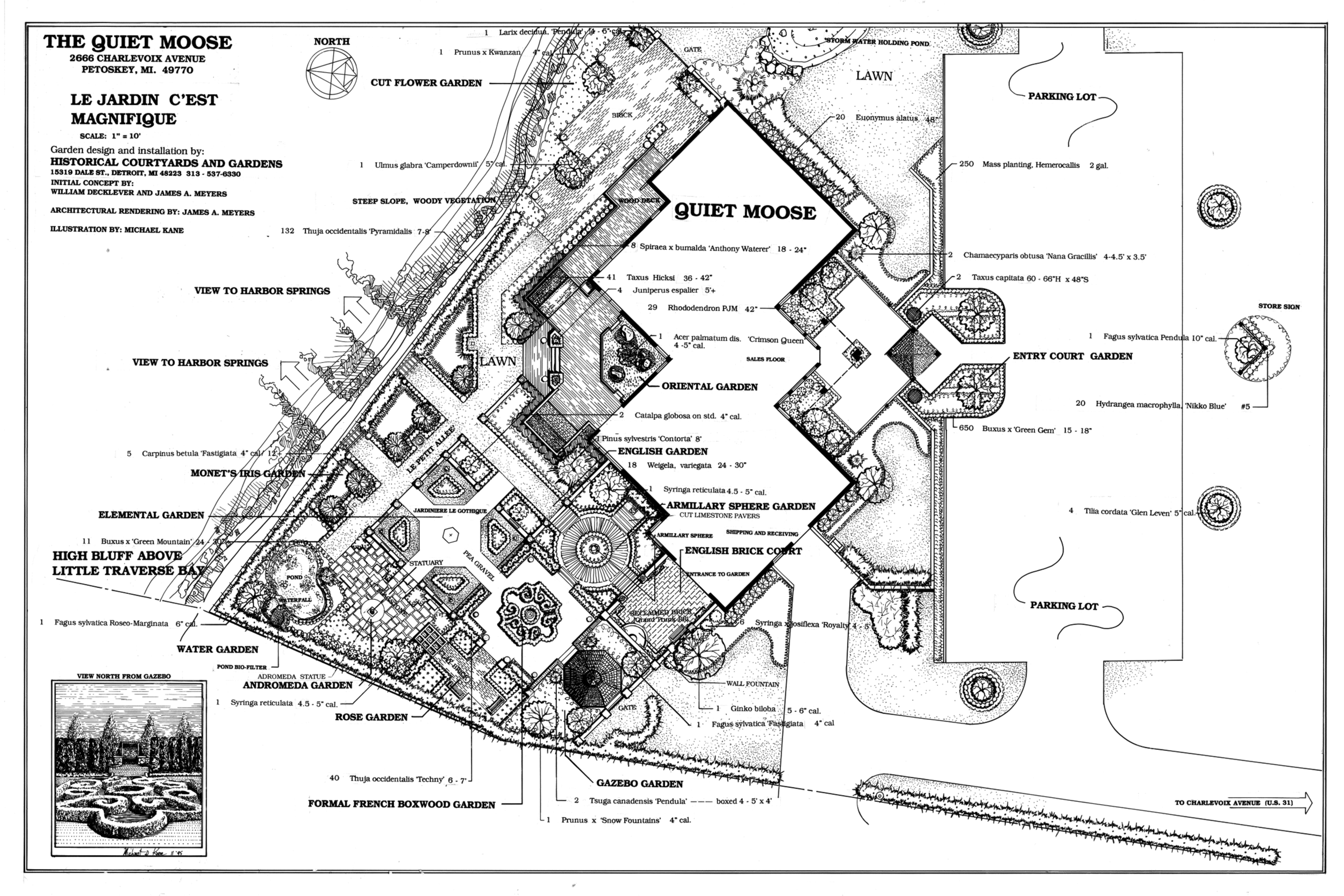 Award-winning Petoskey master plan: 13 garden rooms including Oriental, English, French parterre, rose, Monet iris, water gardens, and an entry court.