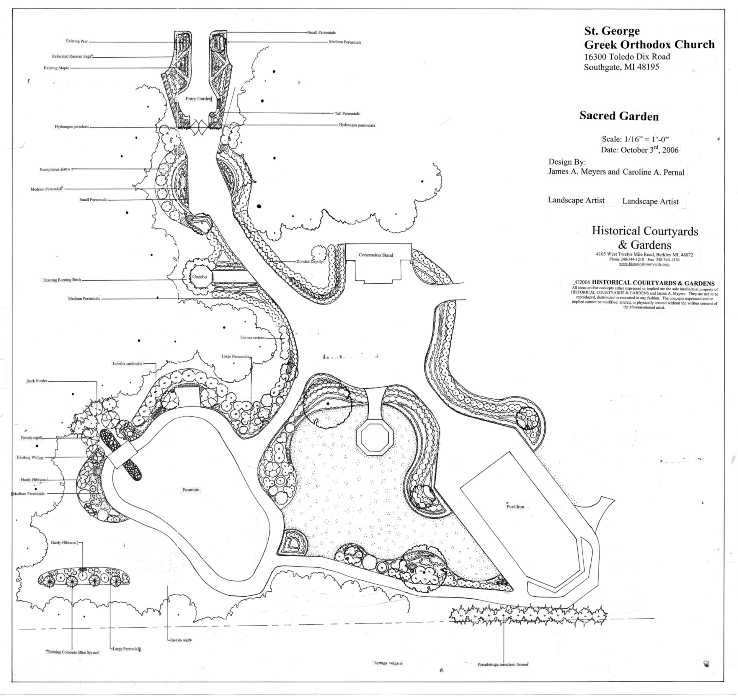 St George Greek Orthodox Church, Southgate: Pavilion, pond, fountain bridge, gazebo, concession stand, entry garden, and lawn with evergreen backdrop.