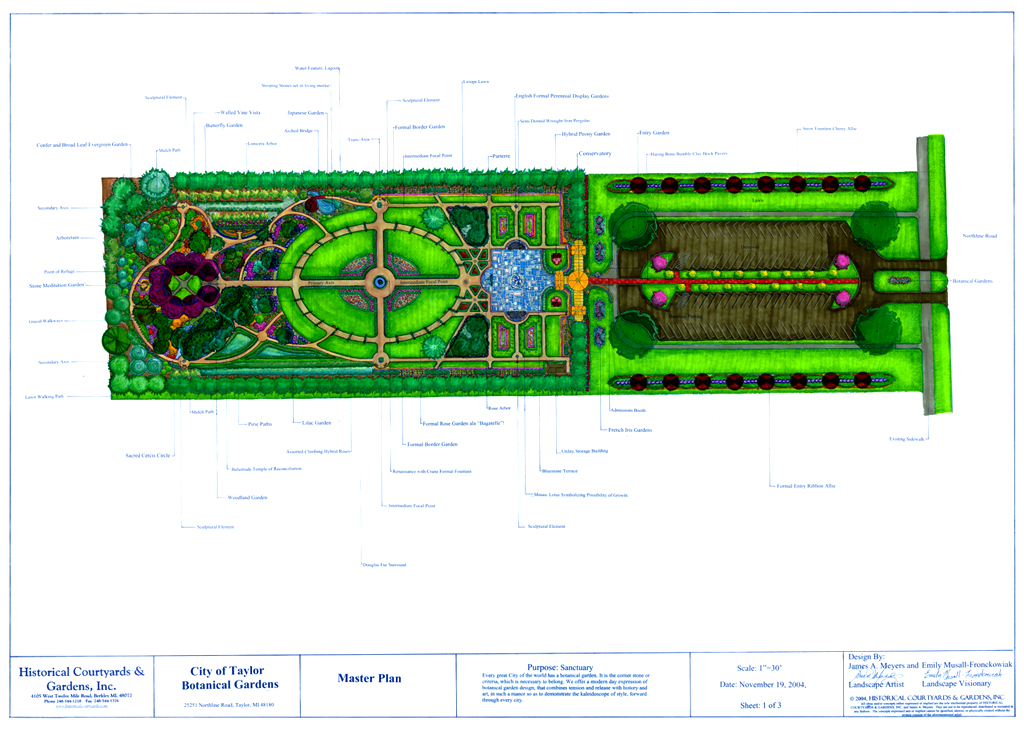 Botanical plan, Taylor: stormwater gardens, historic brick paths, a Belle Isle replica, bluestone terrace, rose gardens, and a woodland arboretum.