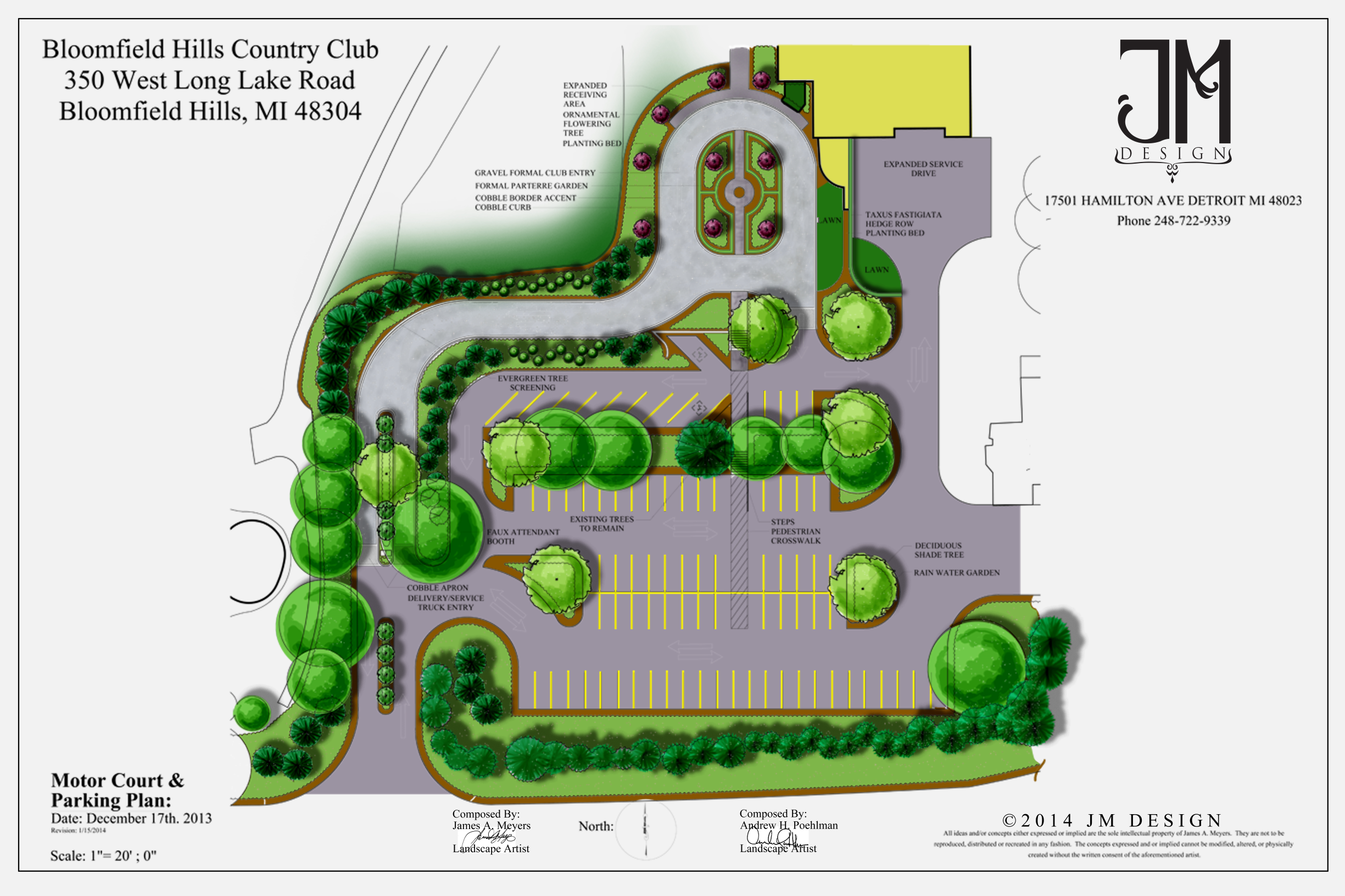 Bloomfield Hills Country Club: New parking with rainwater gardens for runoff, Belgium block entry, fountain motor court, and ornate pattern gardens.