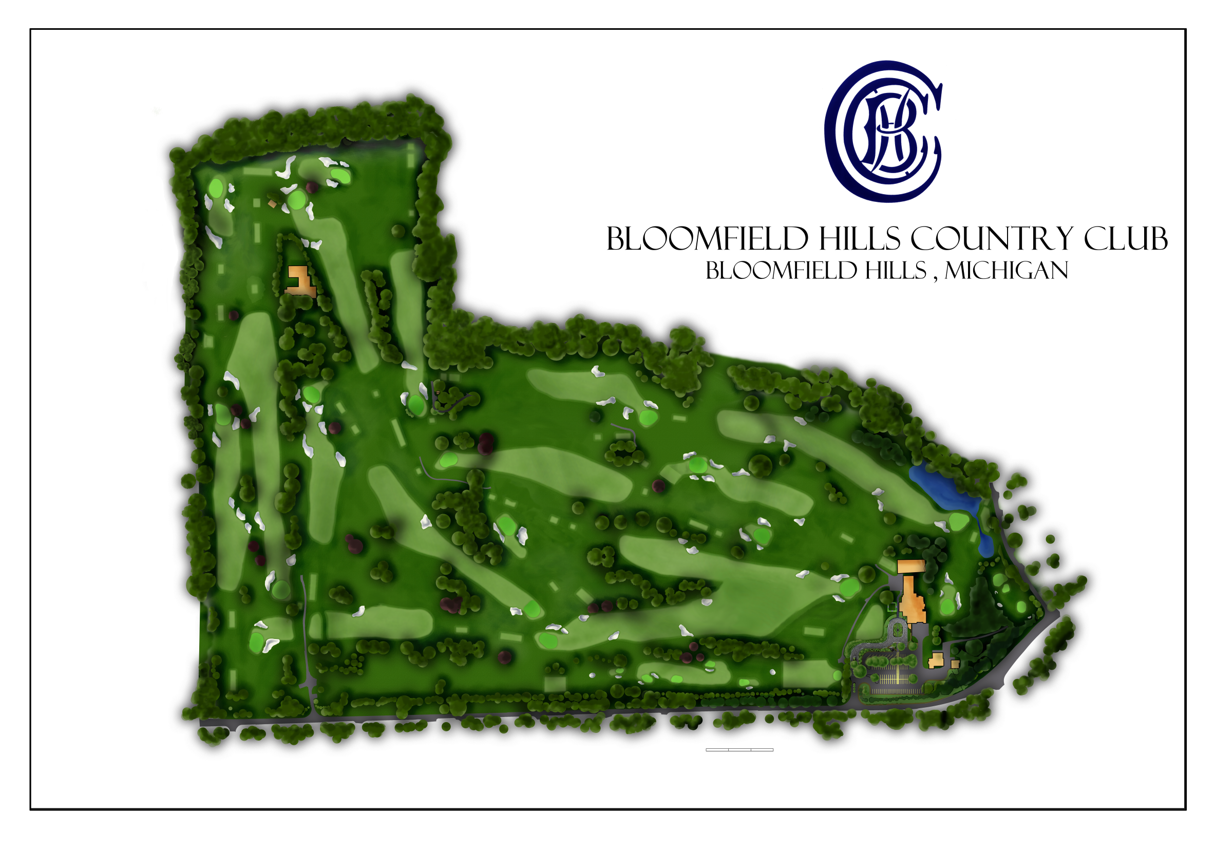 Bloomfield Hills Country Club master plan: new parking and drive improvements, entry upgrades, and redesigned fairways, greens, bunkers, and tees.