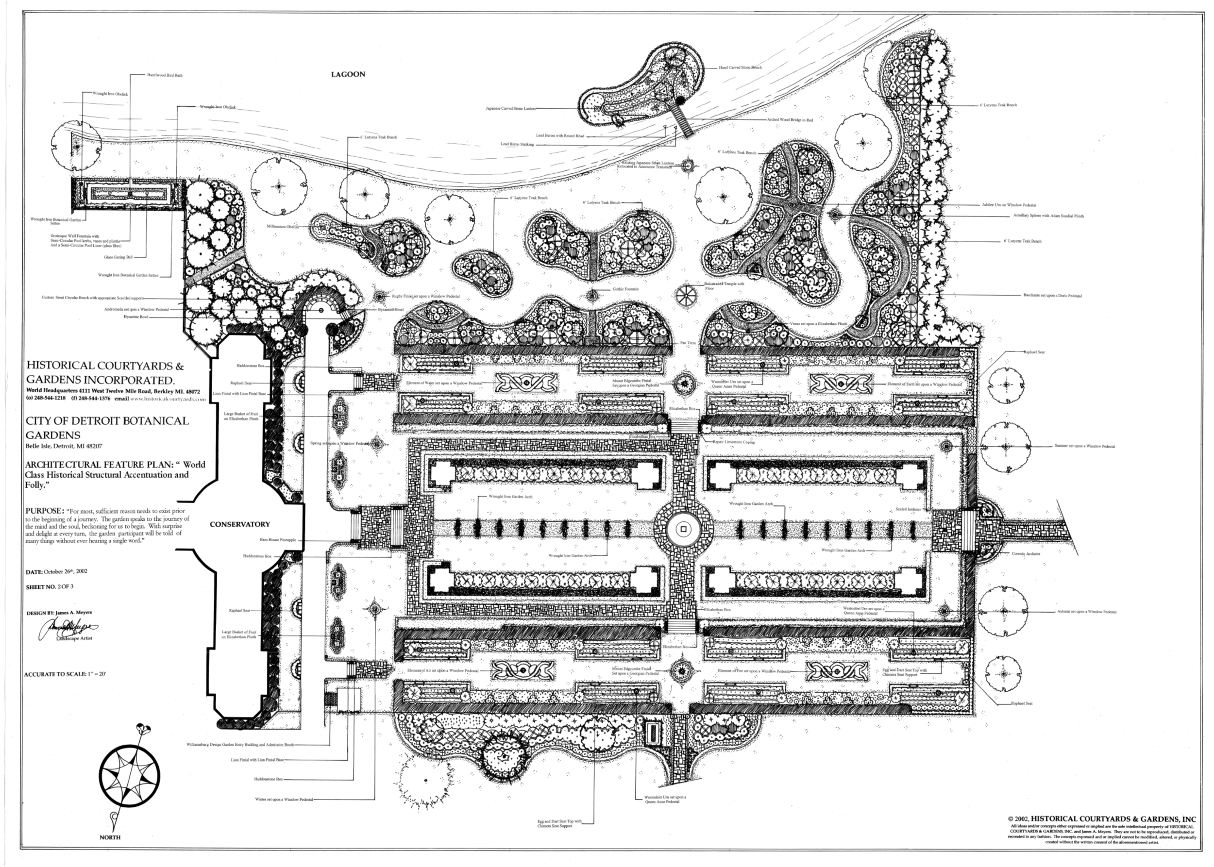 Botanical garden plan at Belle Isle: Features knot gardens, pleached allie, temple, urns, limestone benches, and ornamental tree demonstrations.