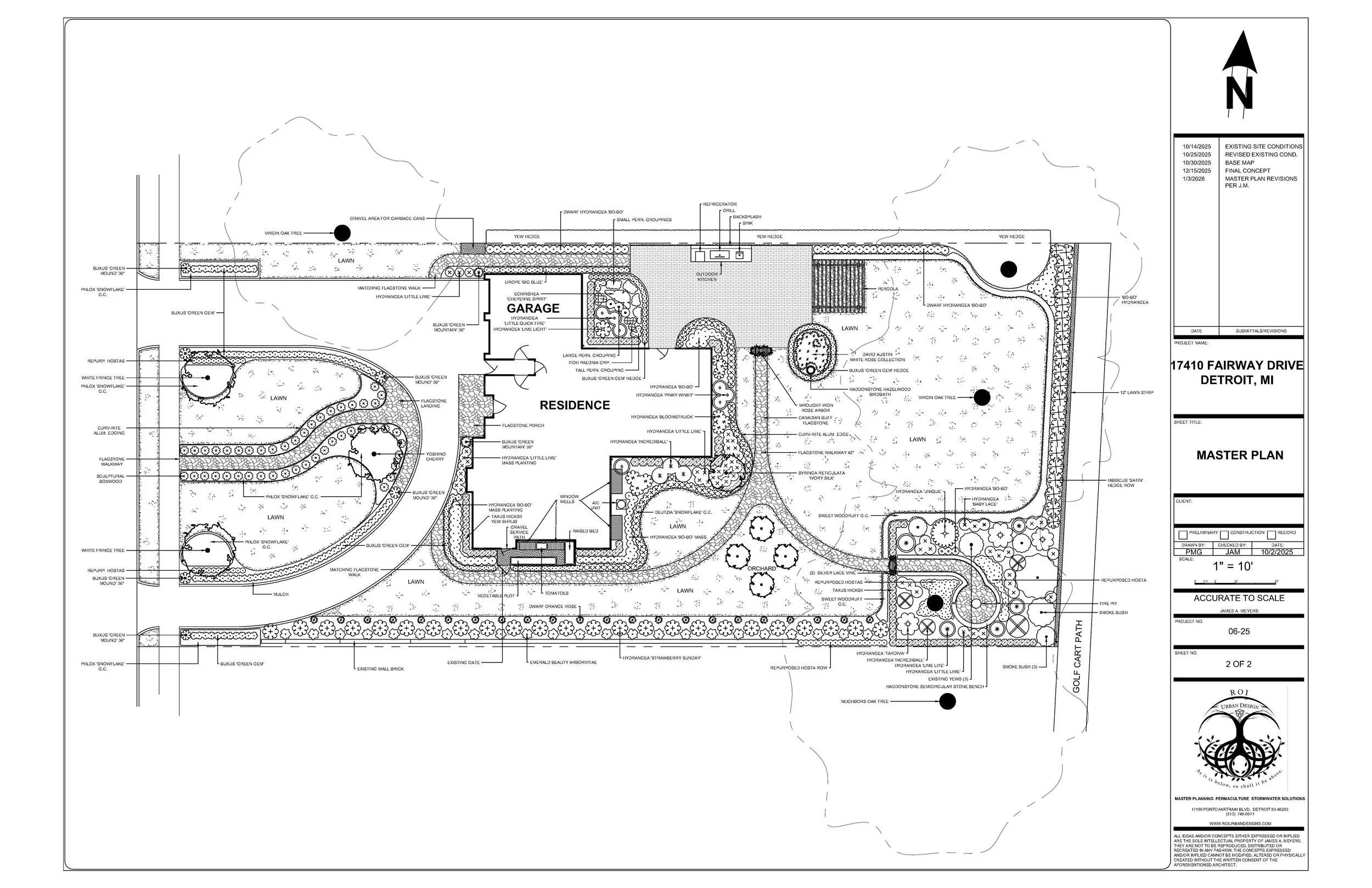 Master plan: 100-yr English Tudor restoration. Features flagstone paths, boxwood hedges, rose garden, arbors, orchard, firepit, and brick wall gardens.