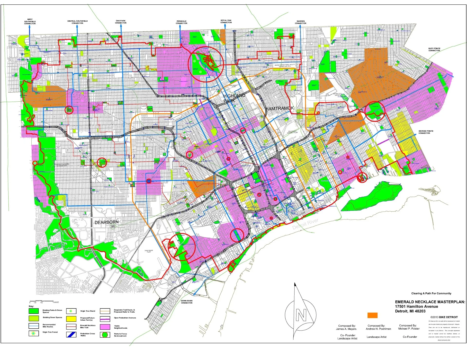 Detroit redevelopment plan: Orange zones show areas to avoid; Purple identifies historic, viable investment neighborhoods. Red circles mark virgin forests.