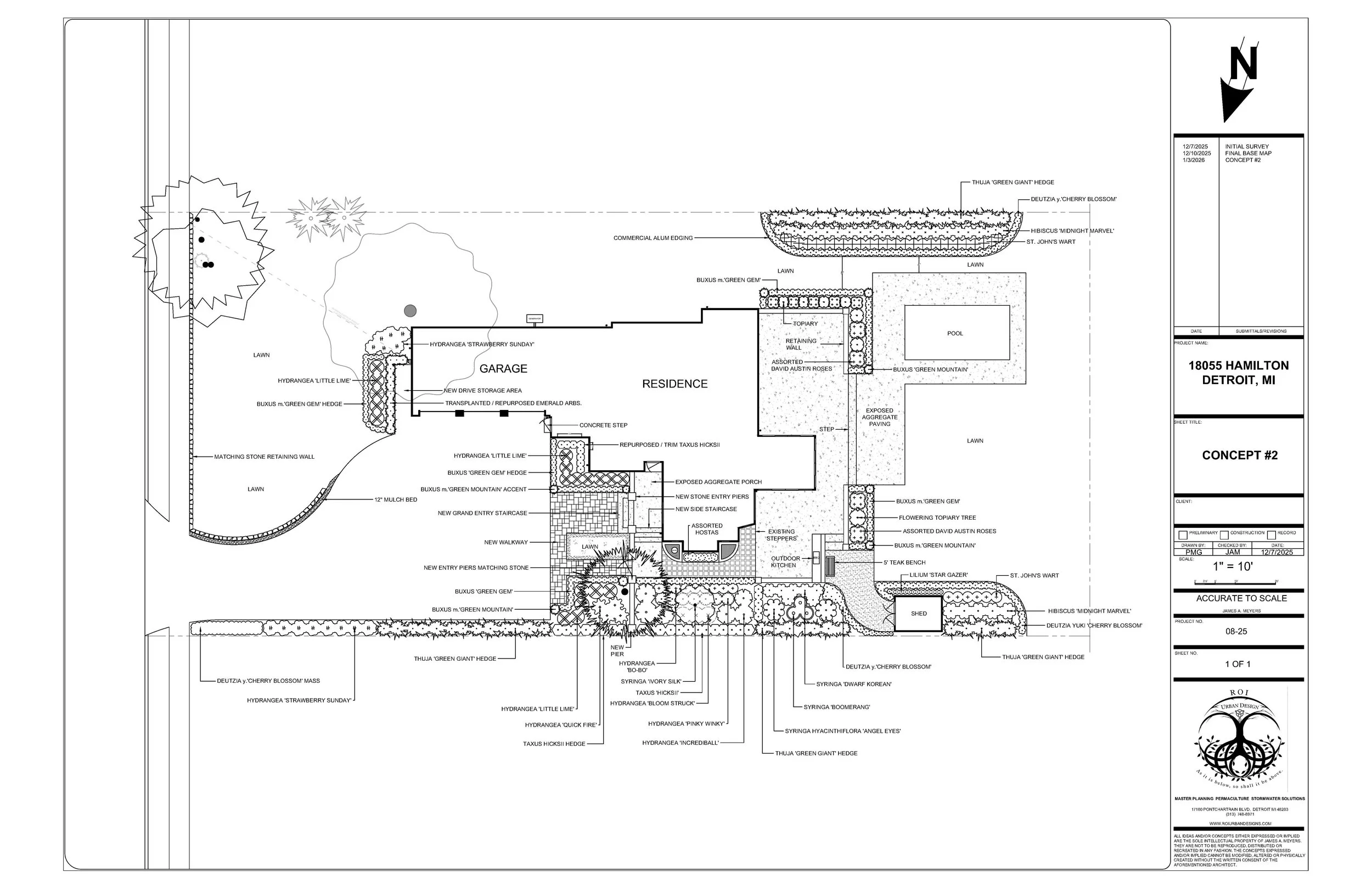 Historic Tudor plan in Detroit: expanded drive, new stone walls, aggregate porch, side transition garden, rear terrace, and colorful flower beds.