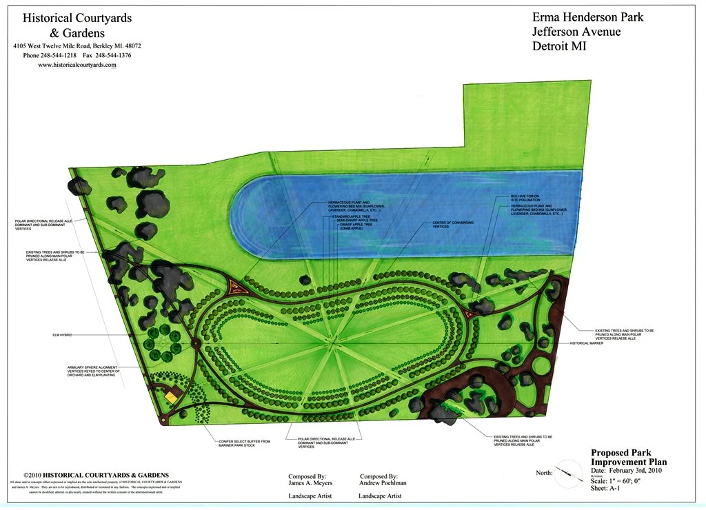 Mariner Park ROI plan: multi-use trails, a 7-pointed sacred beech star, expansive lawn, concentric orchard ripples, and beehive colony development.