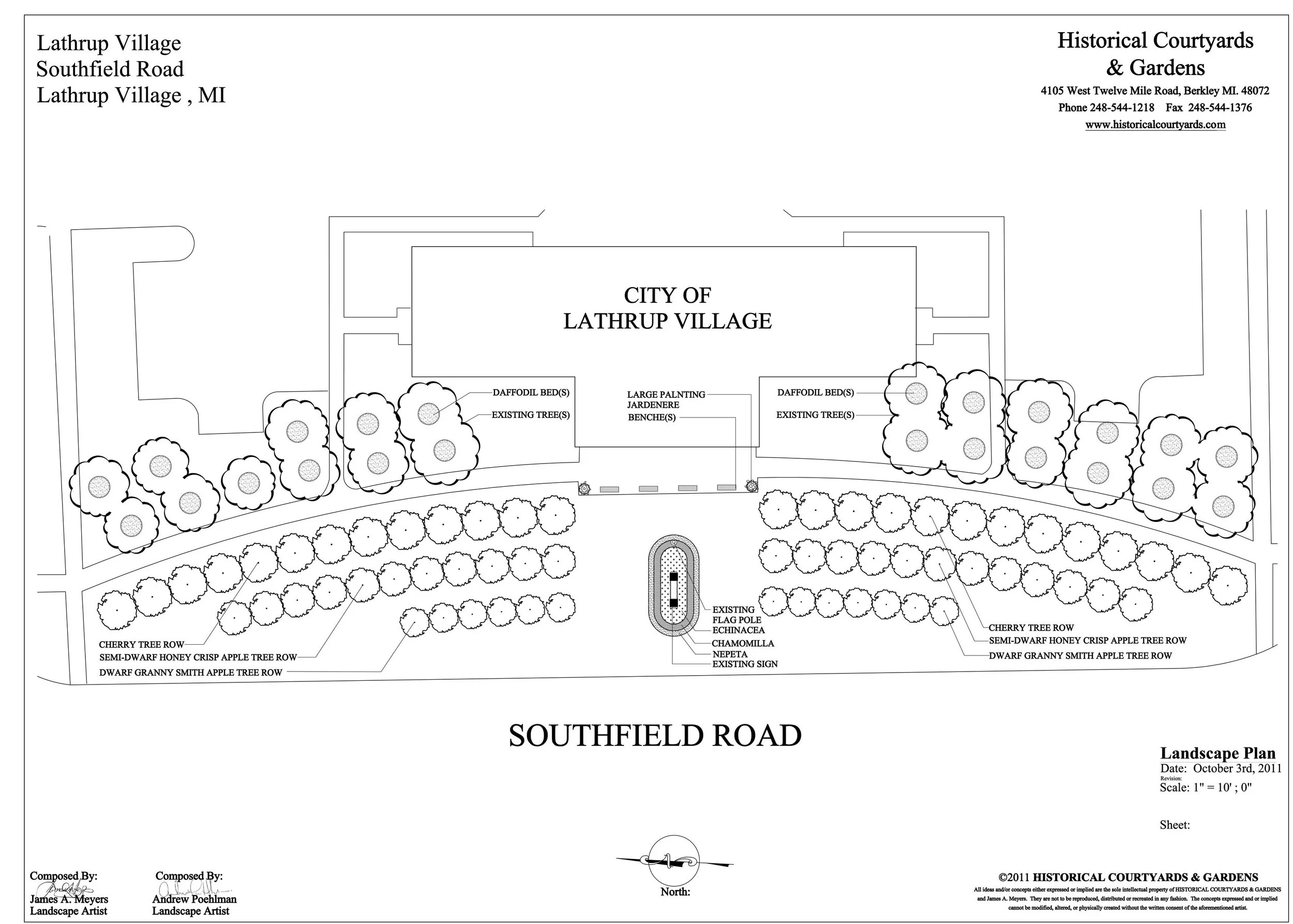 City of Lathrup Village Municipal plan: sign landscaping, cherry and apple tree rows, and a design honoring the site's original European land usage.
