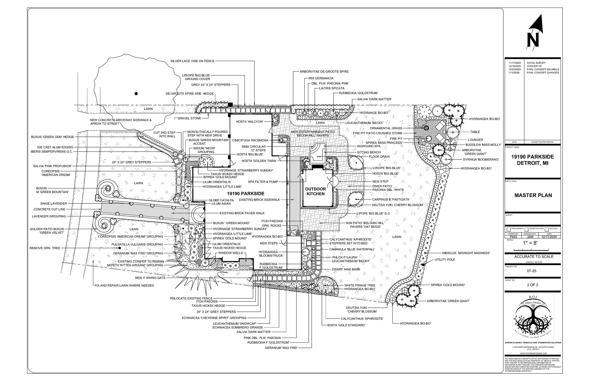 Historic Tudor restoration in Detroit’s Sherwood Forest. Features lavender-accented brick paths, boxwood hedges, limestone steps, and a spa and firepit.