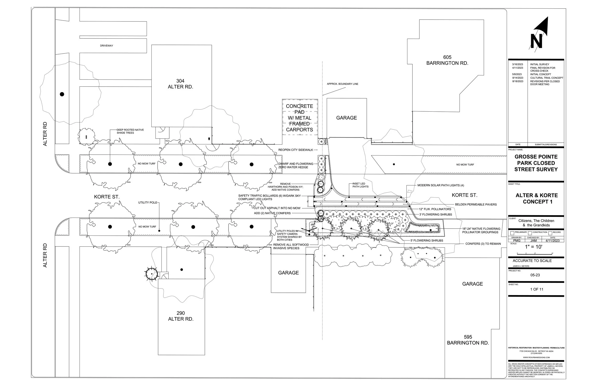 Grosse Pointe Park: Alter & Korte pedestrian re-opening. Includes security cameras, safety bollards, solar lights, and permeable bike paths.