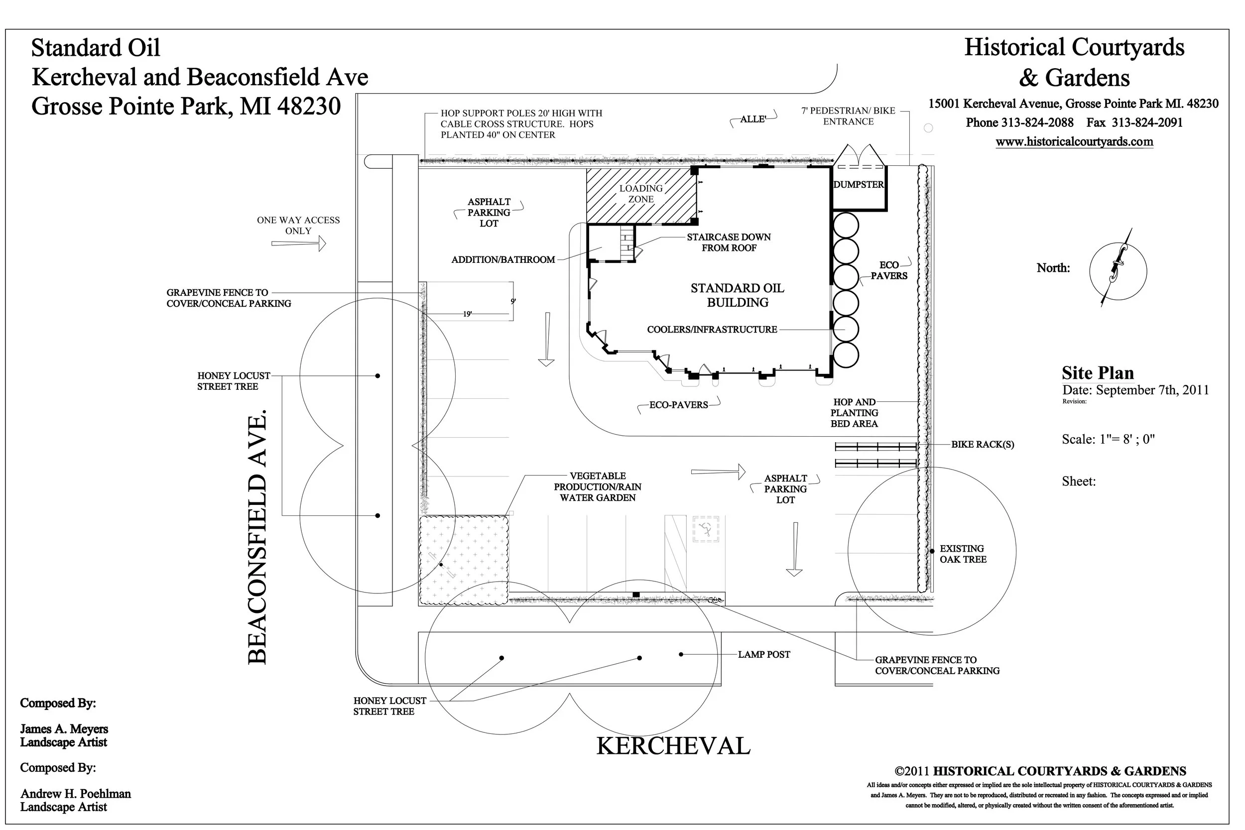 Site plan for Motor City Brewing expansion: includes vegetable gardens, hop planting, bike rack infrastructure, and a new permeable patio addition.