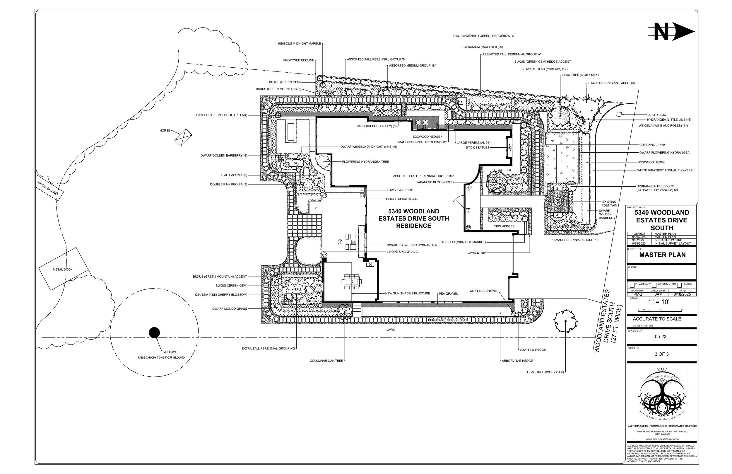 Modern master plan in Bloomfield Hills: permeable stone patios, boxwood hedges, limestone benches, and no-mow turf. Features sun and shade gardens.