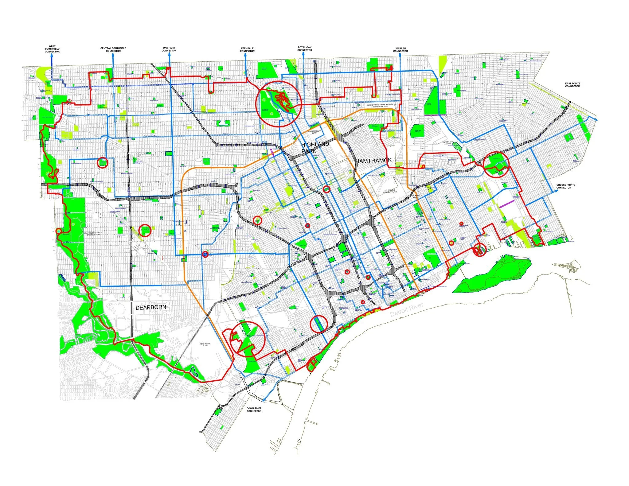 Detroit bike plan: blue outlines show city interconnectors and recommended biking streets. Highlights green spaces, parks, and virgin forest areas.