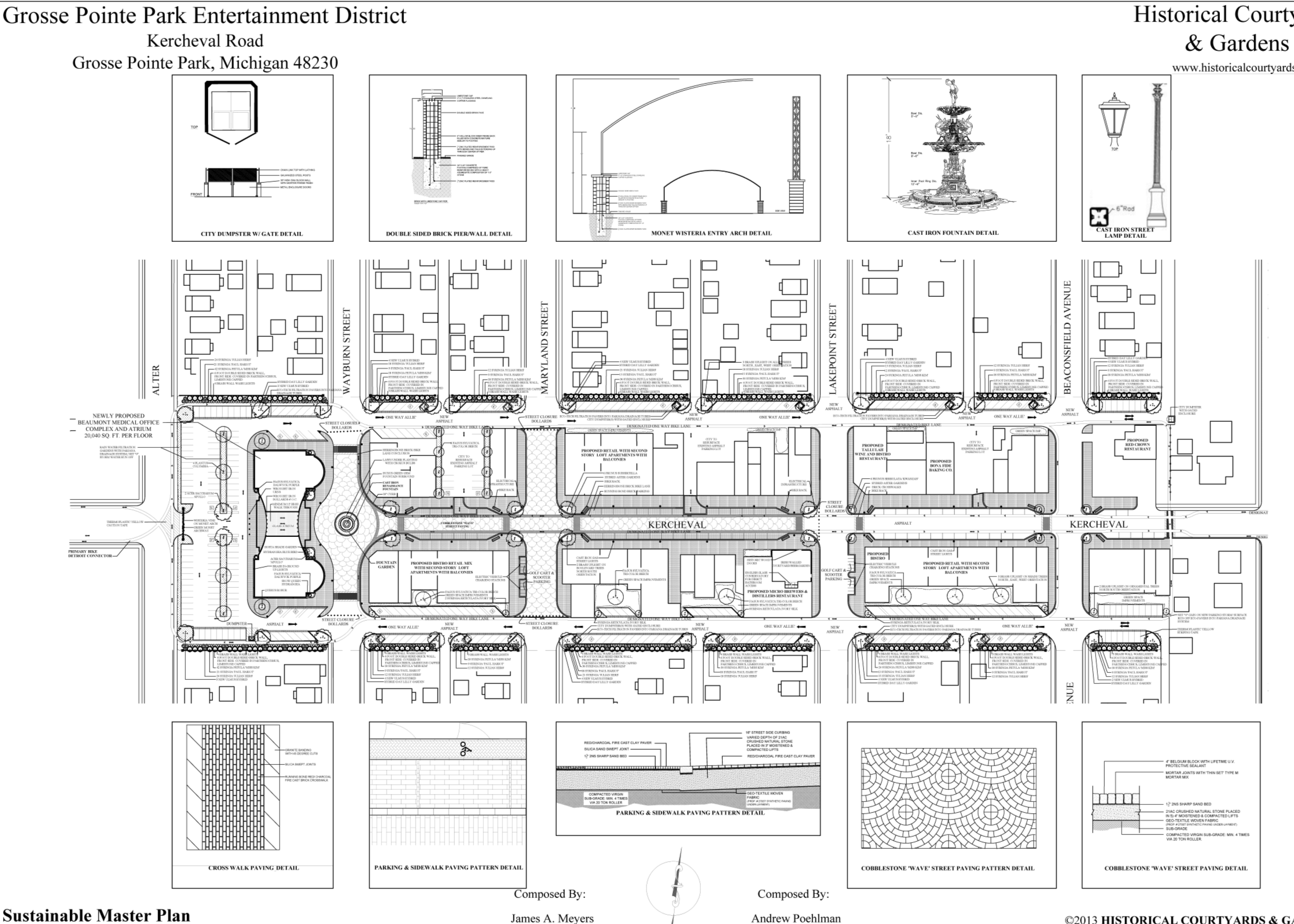 rosse Pointe Park: Infrastructure investment featuring pedestrian arches, cobblestone streets, a formal fountain, gas lamps, and bike paths.