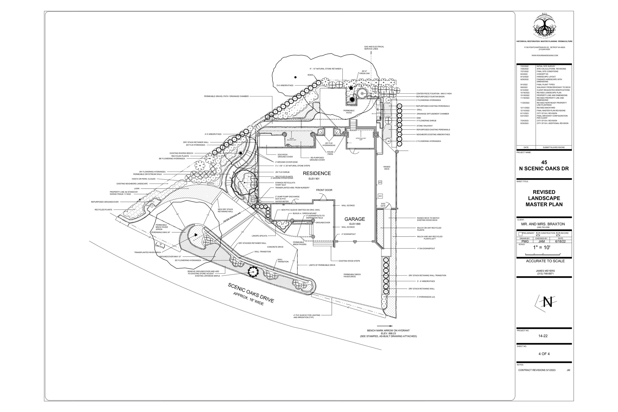 Planting plan in Bloomfield Hills, MI: circular drive, stone walls, gravel walks, and evergreen screen. Features a permeable patio, fountain, and pool.